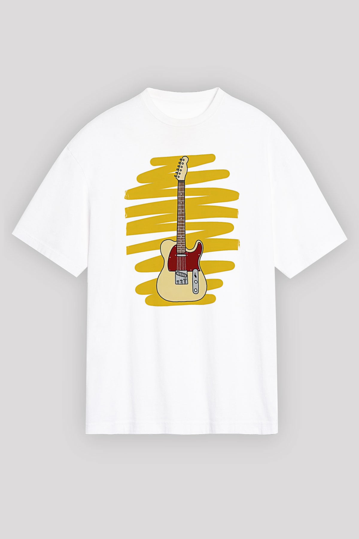 Elektro Gitar Baskılı Beyaz Unisex Oversize Tişört - Tshirt
