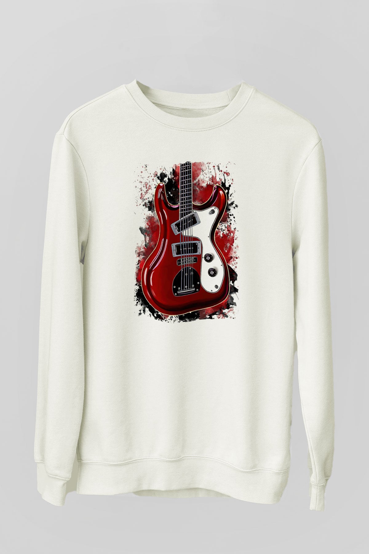 Elektro Gitar Baskılı Beyaz Unisex Sweatshirt