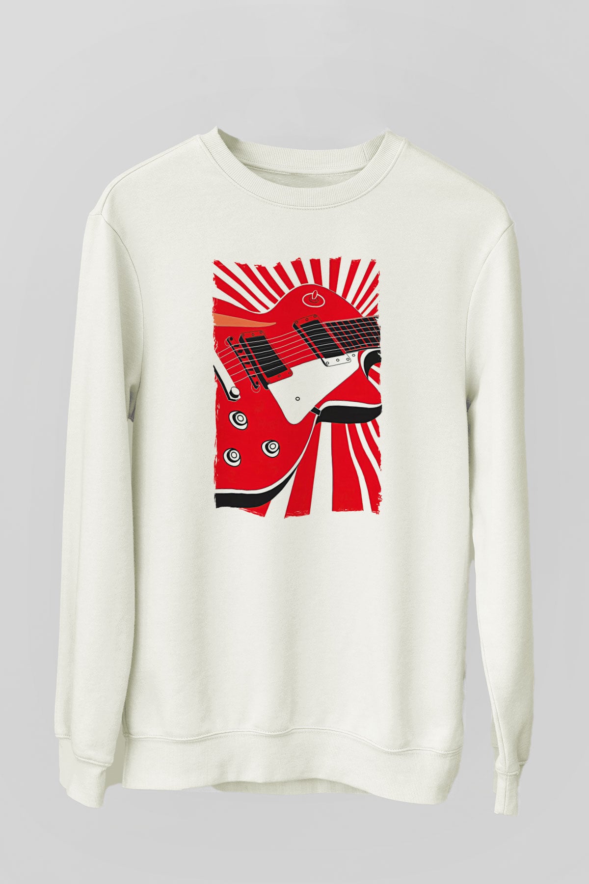 Elektro Gitar Baskılı Beyaz Unisex Sweatshirt