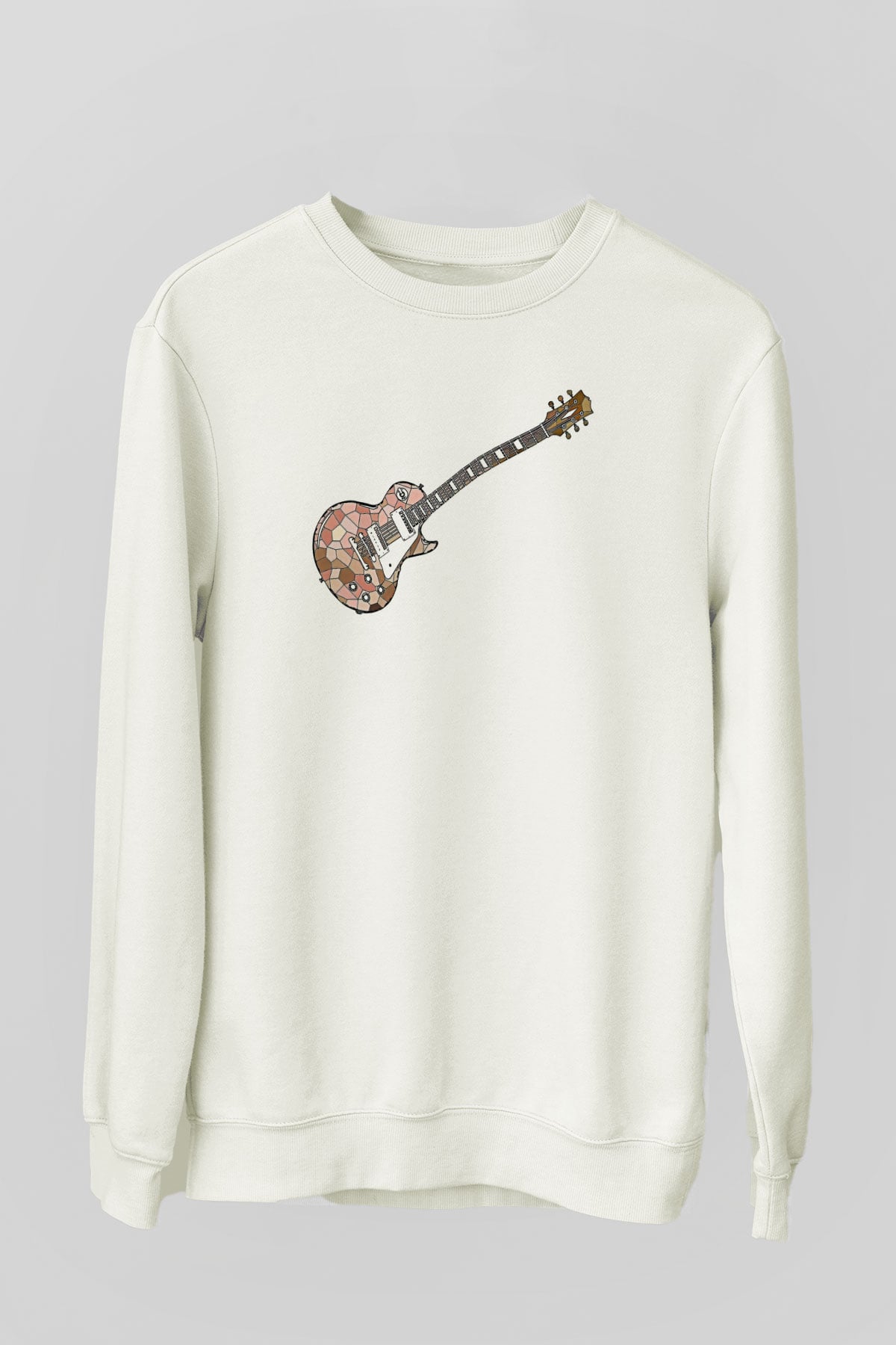 Elektro Gitar Baskılı Beyaz Unisex Sweatshirt
