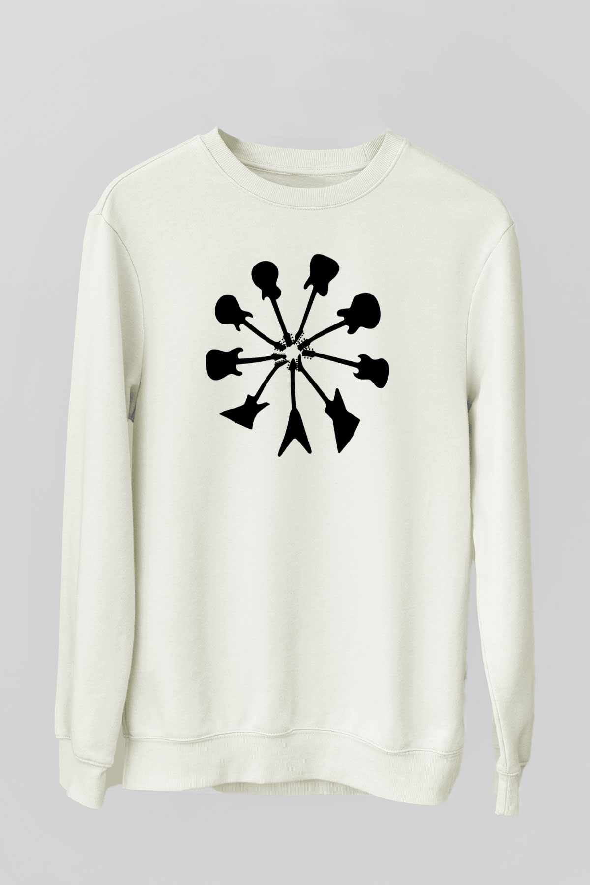 Elektro Gitar Baskılı Beyaz Unisex Sweatshirt