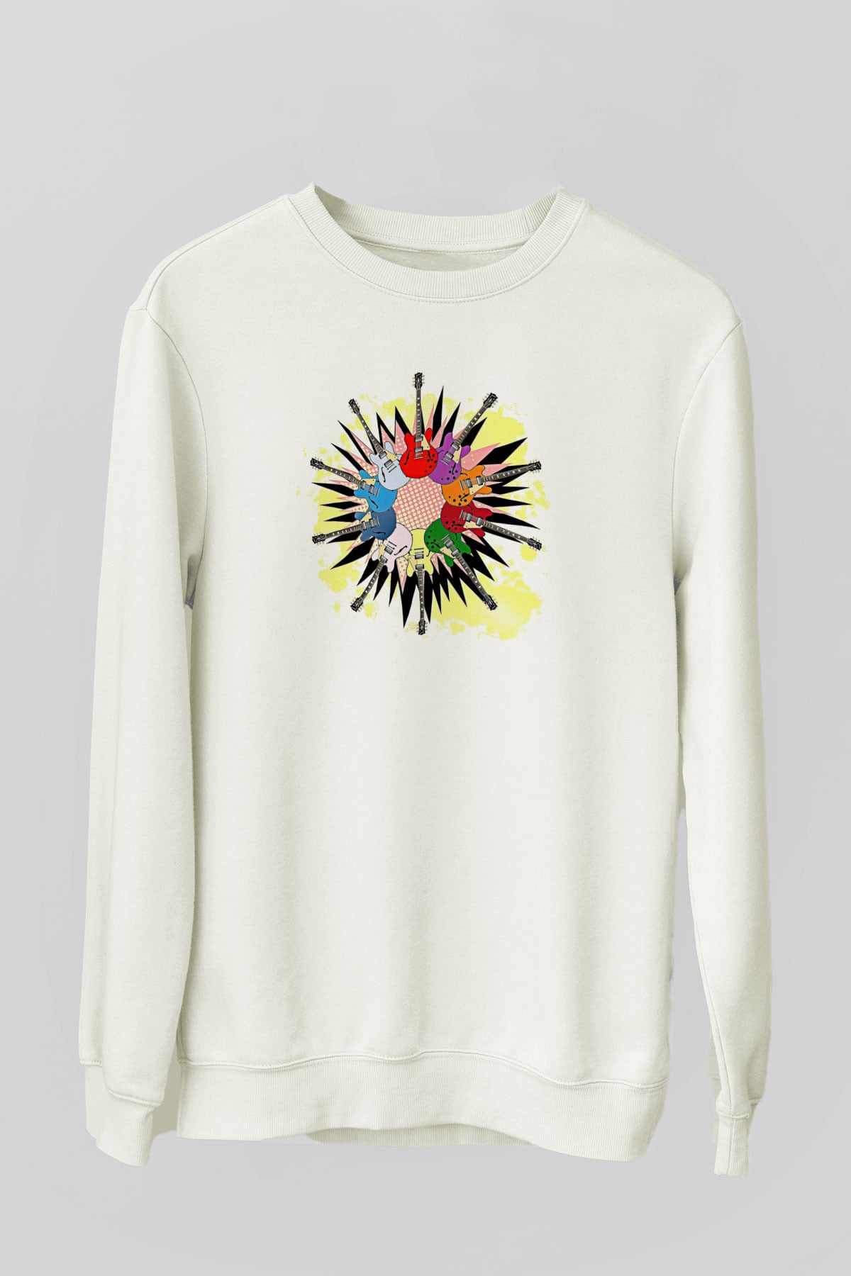 Elektro Gitar Baskılı Beyaz Unisex Sweatshirt