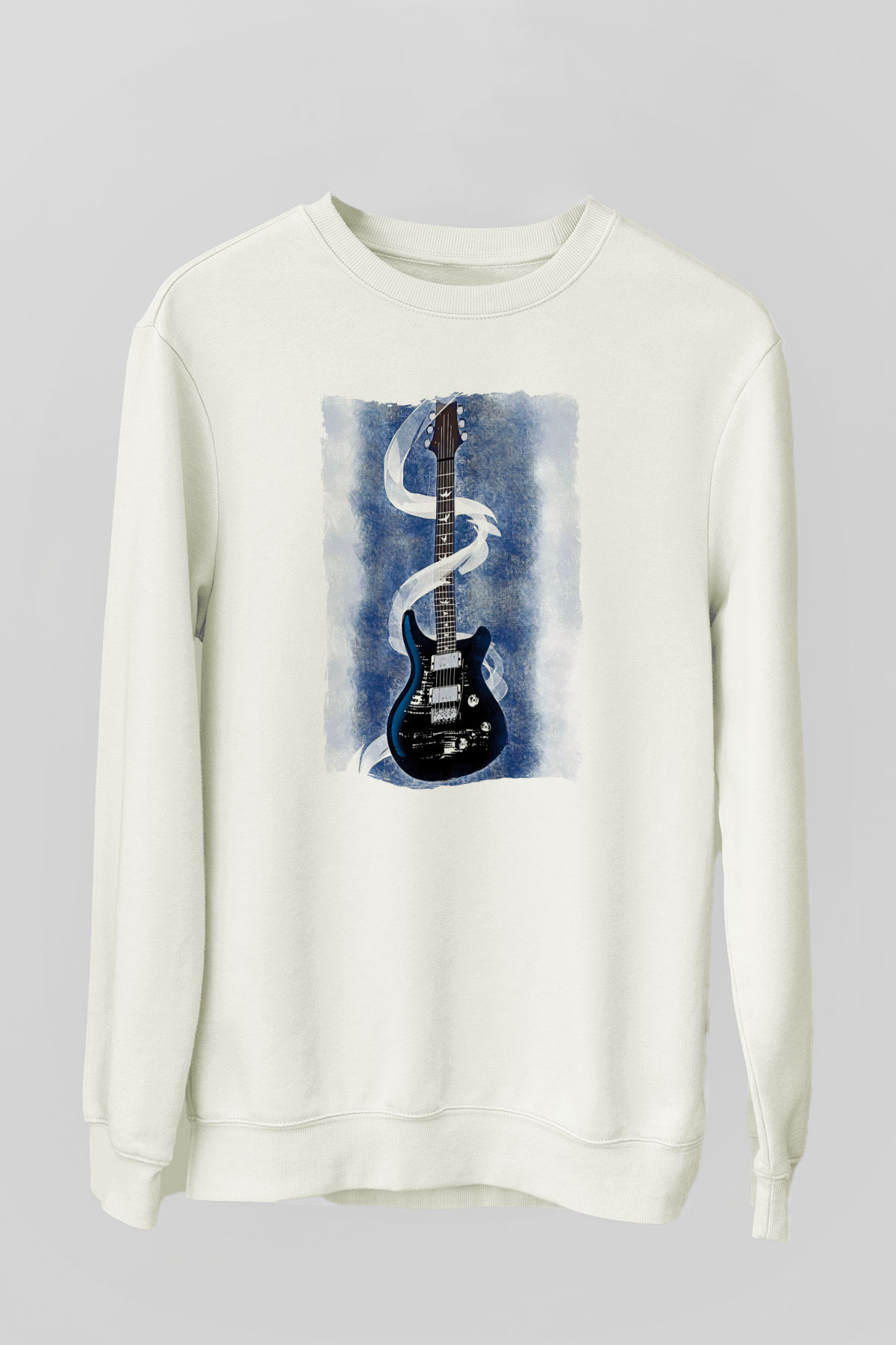 Elektro Gitar Baskılı Beyaz Unisex Sweatshirt