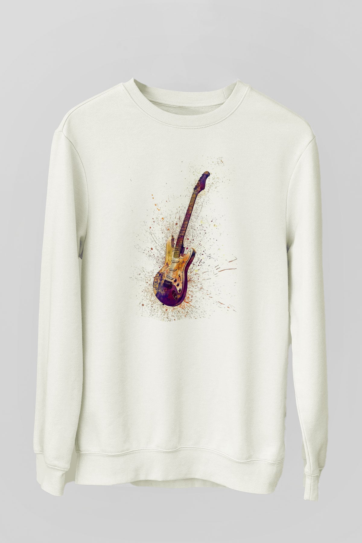 Elektro Gitar Baskılı Beyaz Unisex Sweatshirt