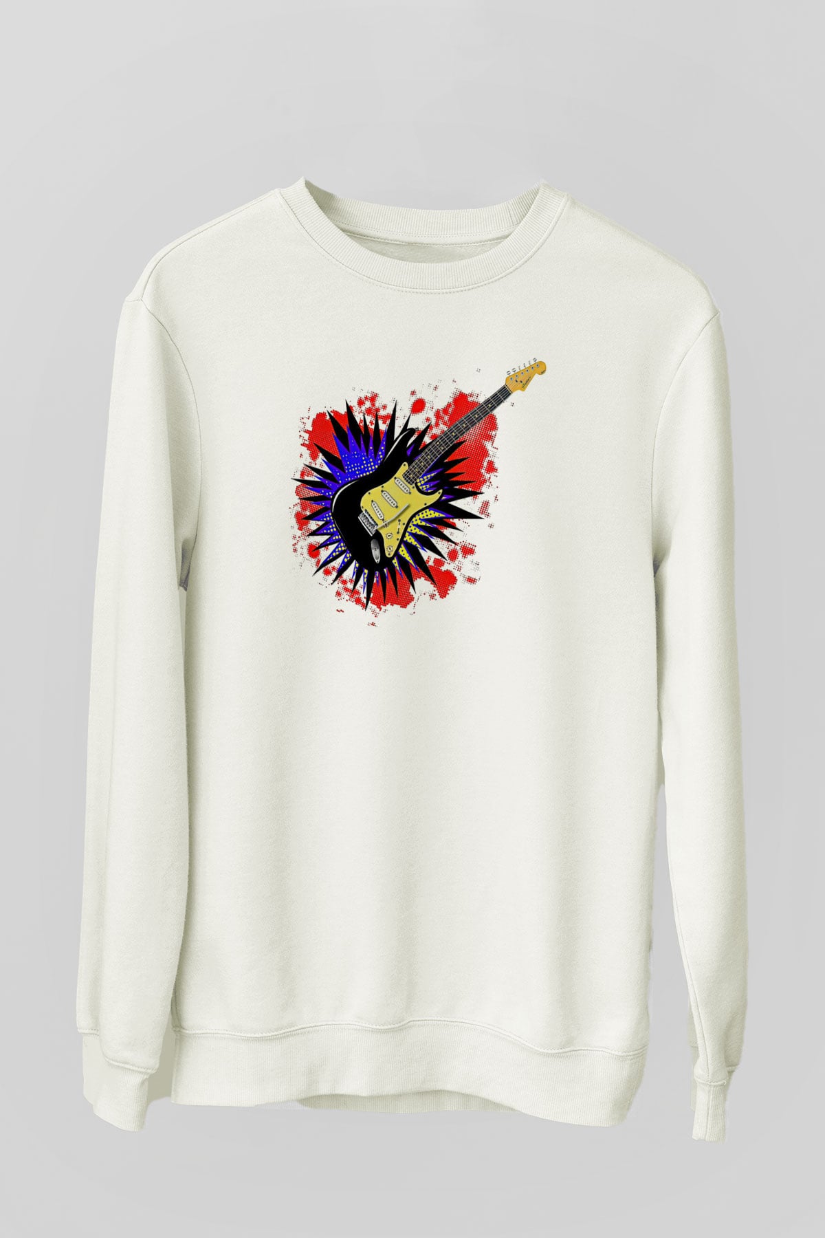 Elektro Gitar Baskılı Beyaz Unisex Sweatshirt