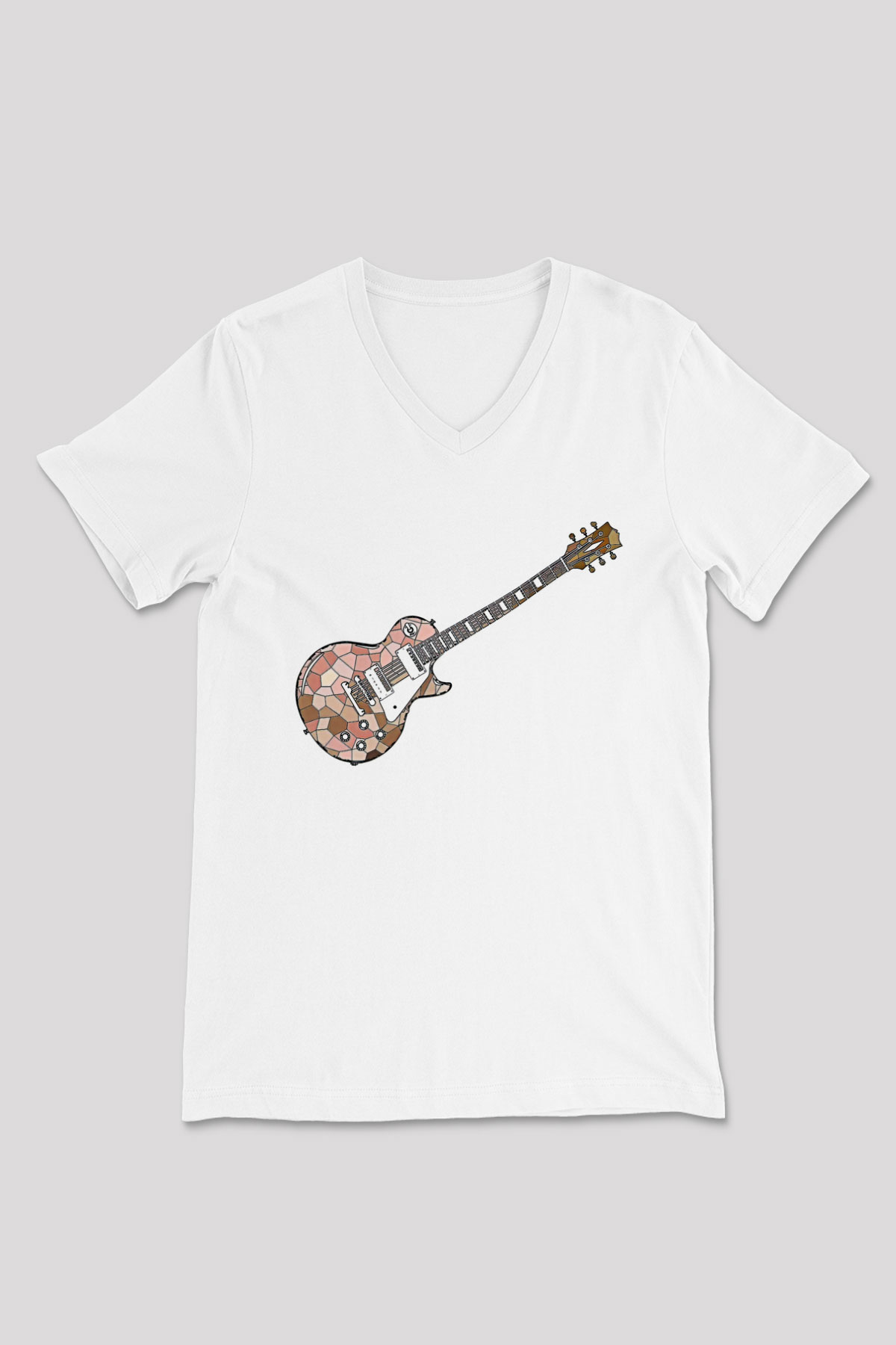 Elektro Gitar Baskılı Beyaz Unisex V Yaka Tişört - Tshirt