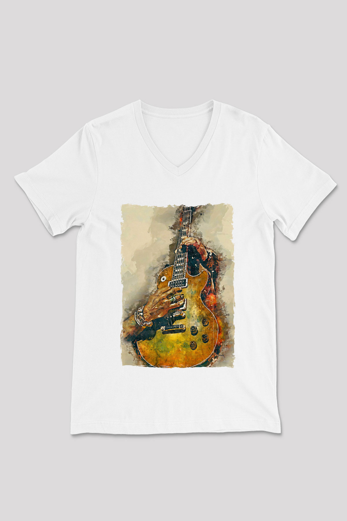 Elektro Gitar Baskılı Beyaz Unisex V Yaka Tişört - Tshirt