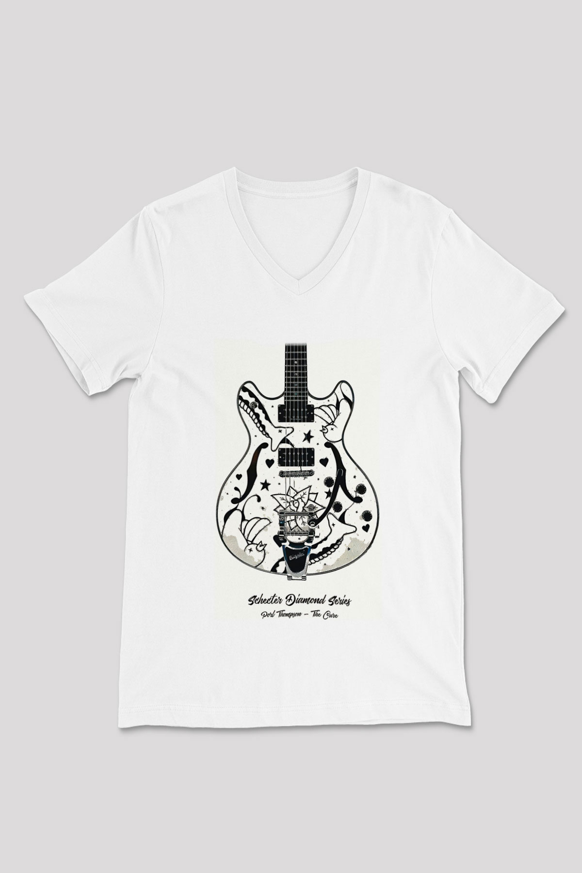 Elektro Gitar Baskılı Beyaz Unisex V Yaka Tişört - Tshirt