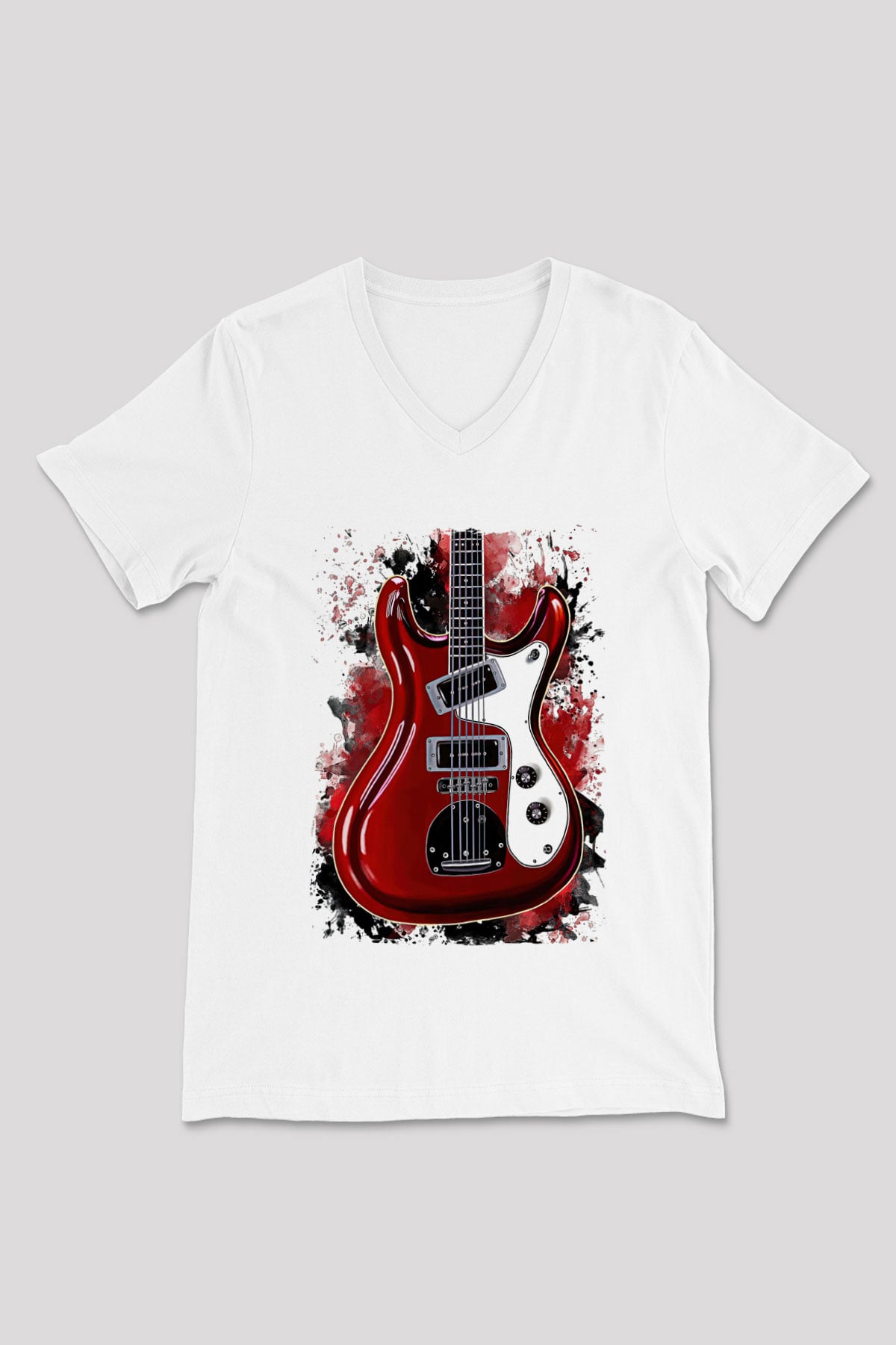 Elektro Gitar Baskılı Beyaz Unisex V Yaka Tişört - Tshirt
