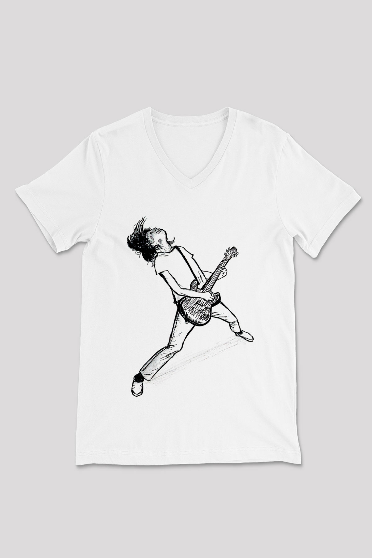 Elektro Gitar Baskılı Beyaz Unisex V Yaka Tişört - Tshirt