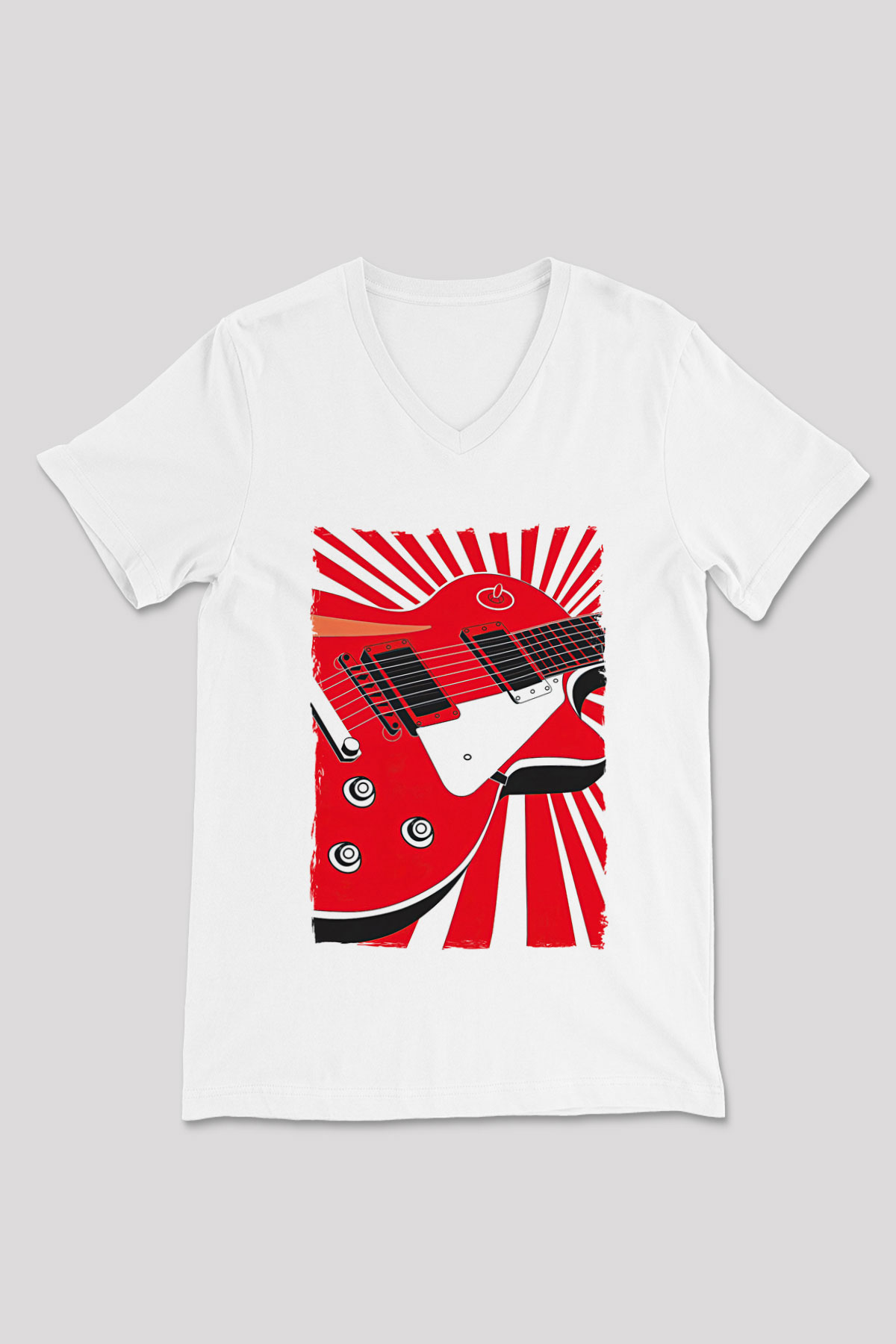Elektro Gitar Baskılı Beyaz Unisex V Yaka Tişört - Tshirt