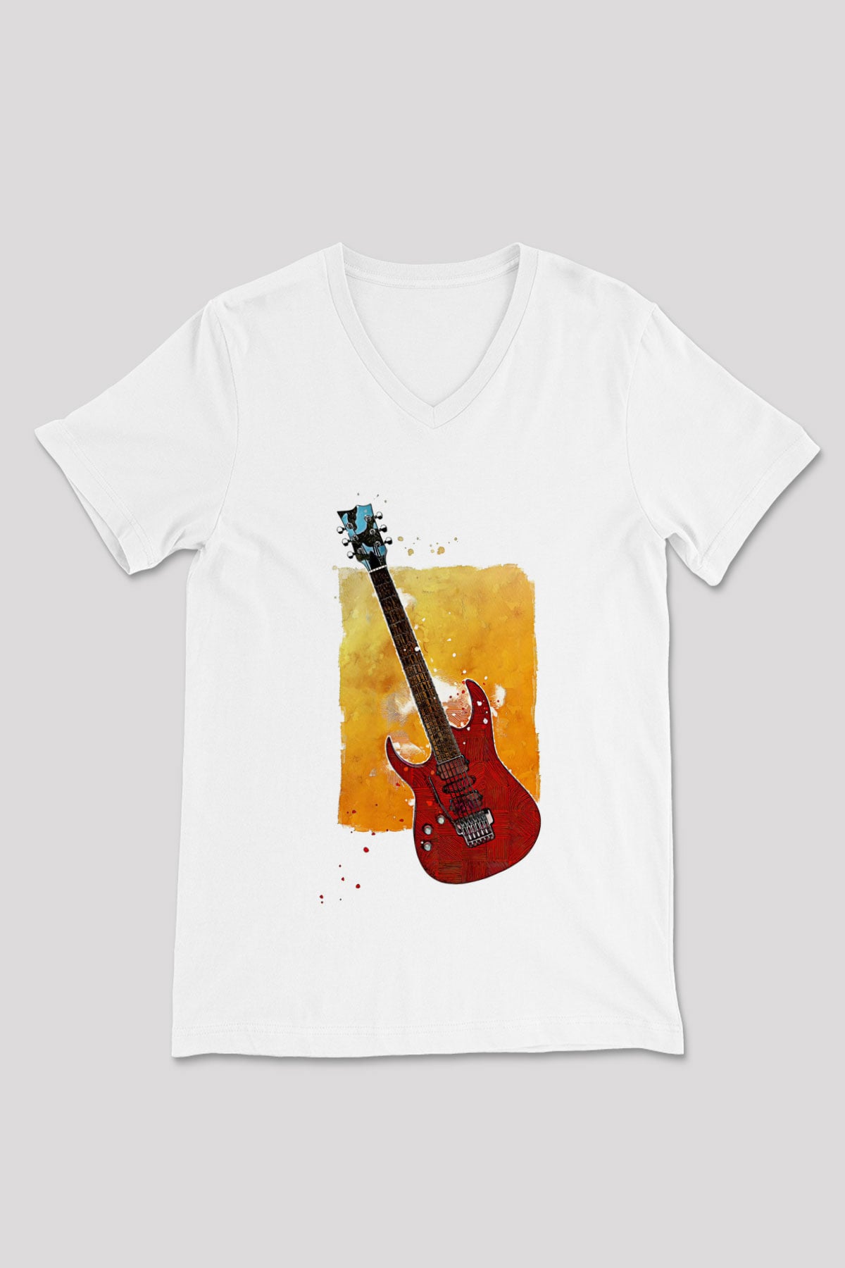 Elektro Gitar Baskılı Beyaz Unisex V Yaka Tişört - Tshirt
