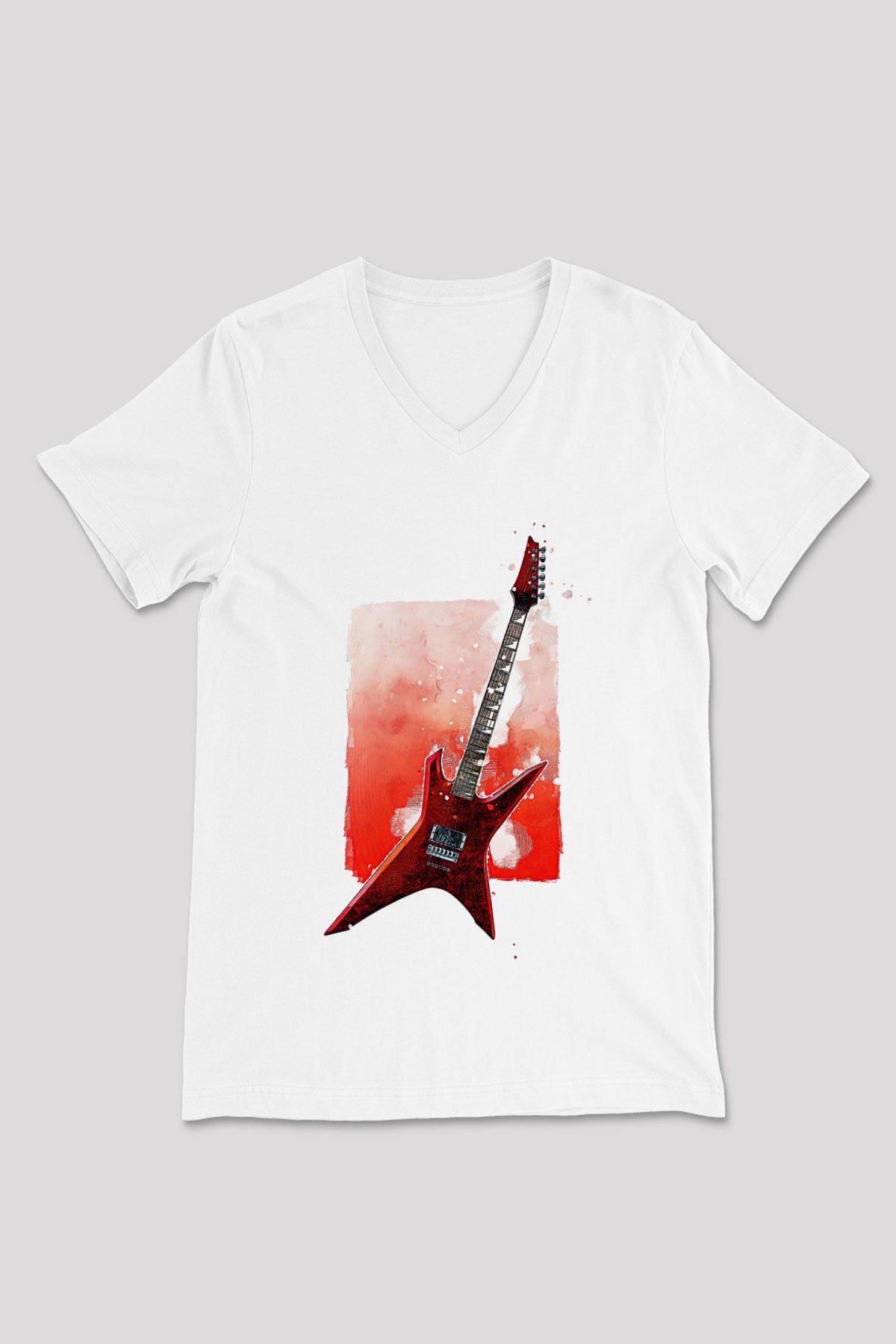 Elektro Gitar Baskılı Beyaz Unisex V Yaka Tişört - Tshirt