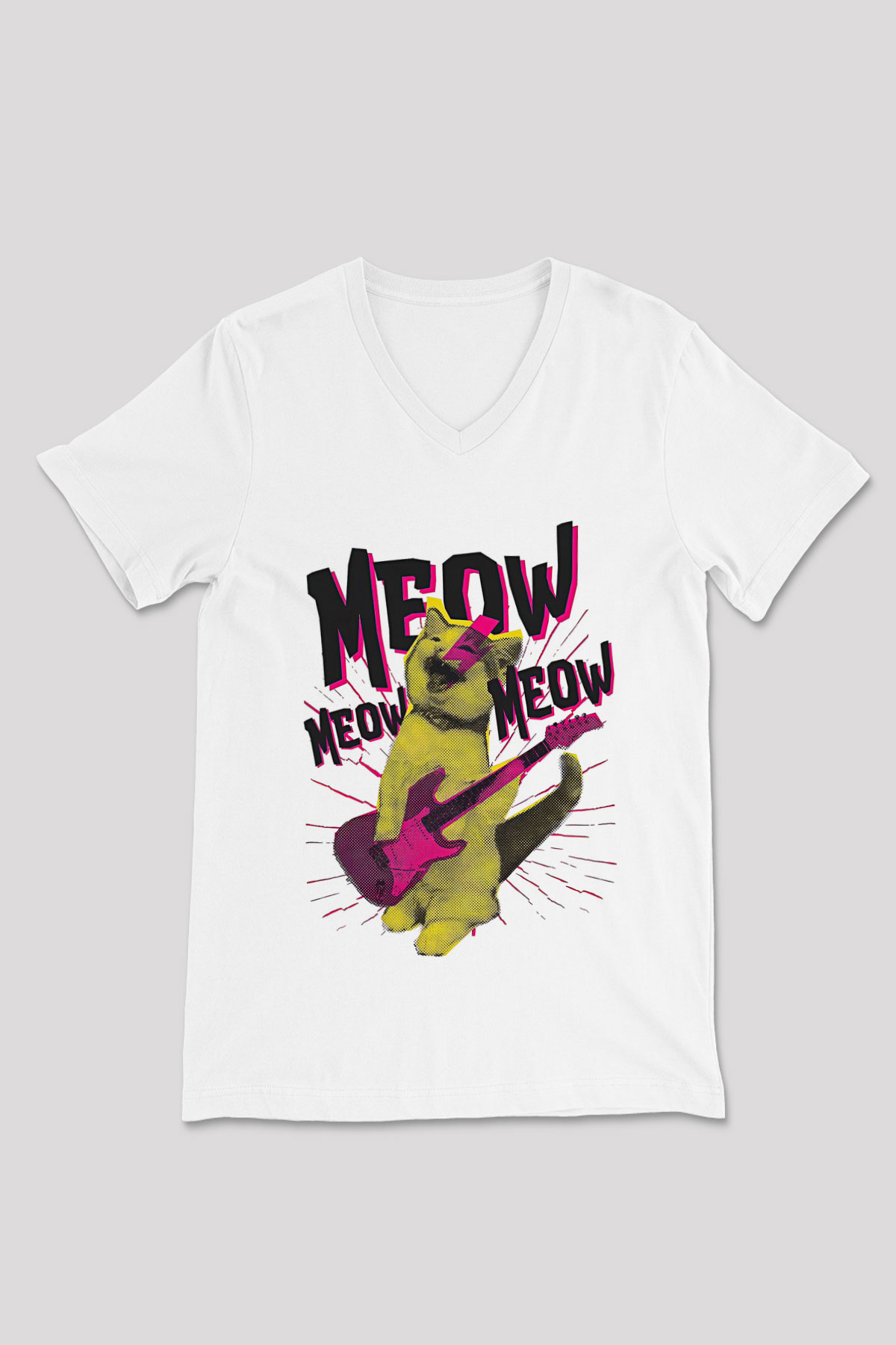 Elektro Gitar Baskılı Beyaz Unisex V Yaka Tişört - Tshirt