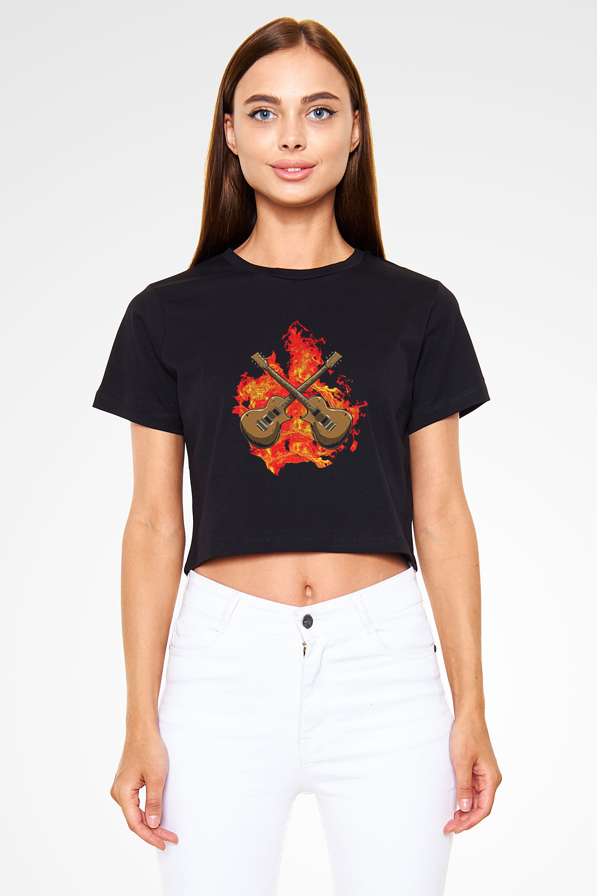 Elektro Gitar Baskılı Siyah Crop Top Kadın Tişört - Tshirt
