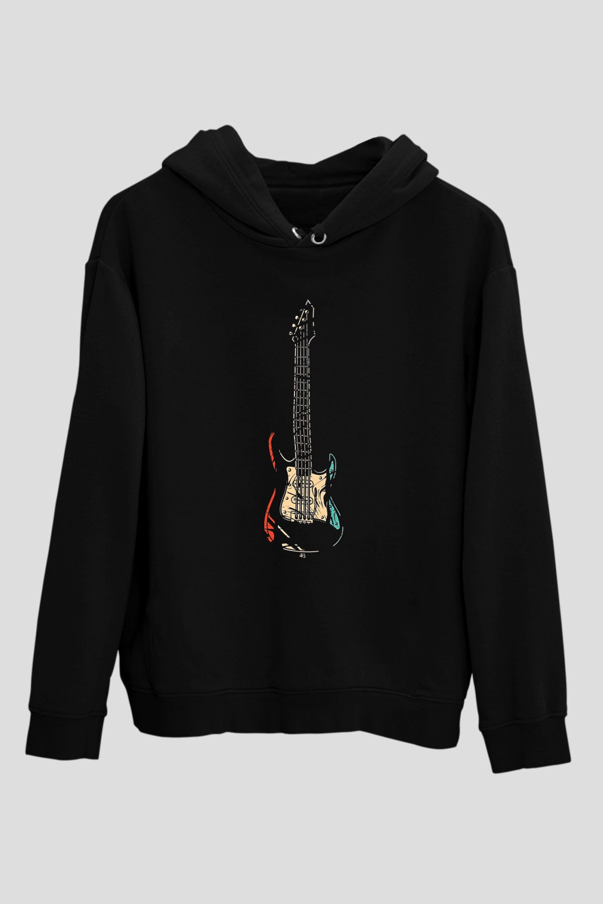 Elektro Gitar Baskılı Unisex Siyah Hoodie