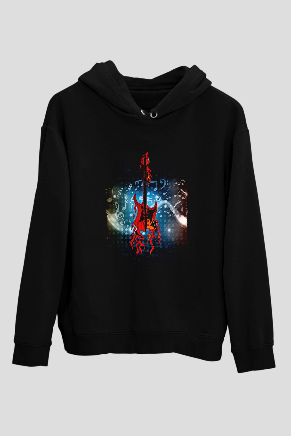 Elektro Gitar Baskılı Unisex Siyah Hoodie