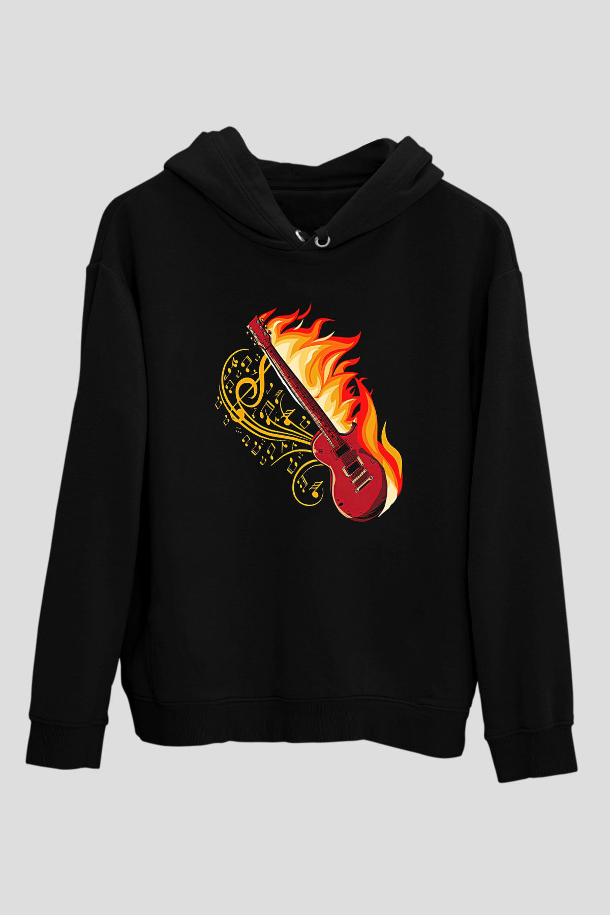Elektro Gitar Baskılı Unisex Siyah Hoodie