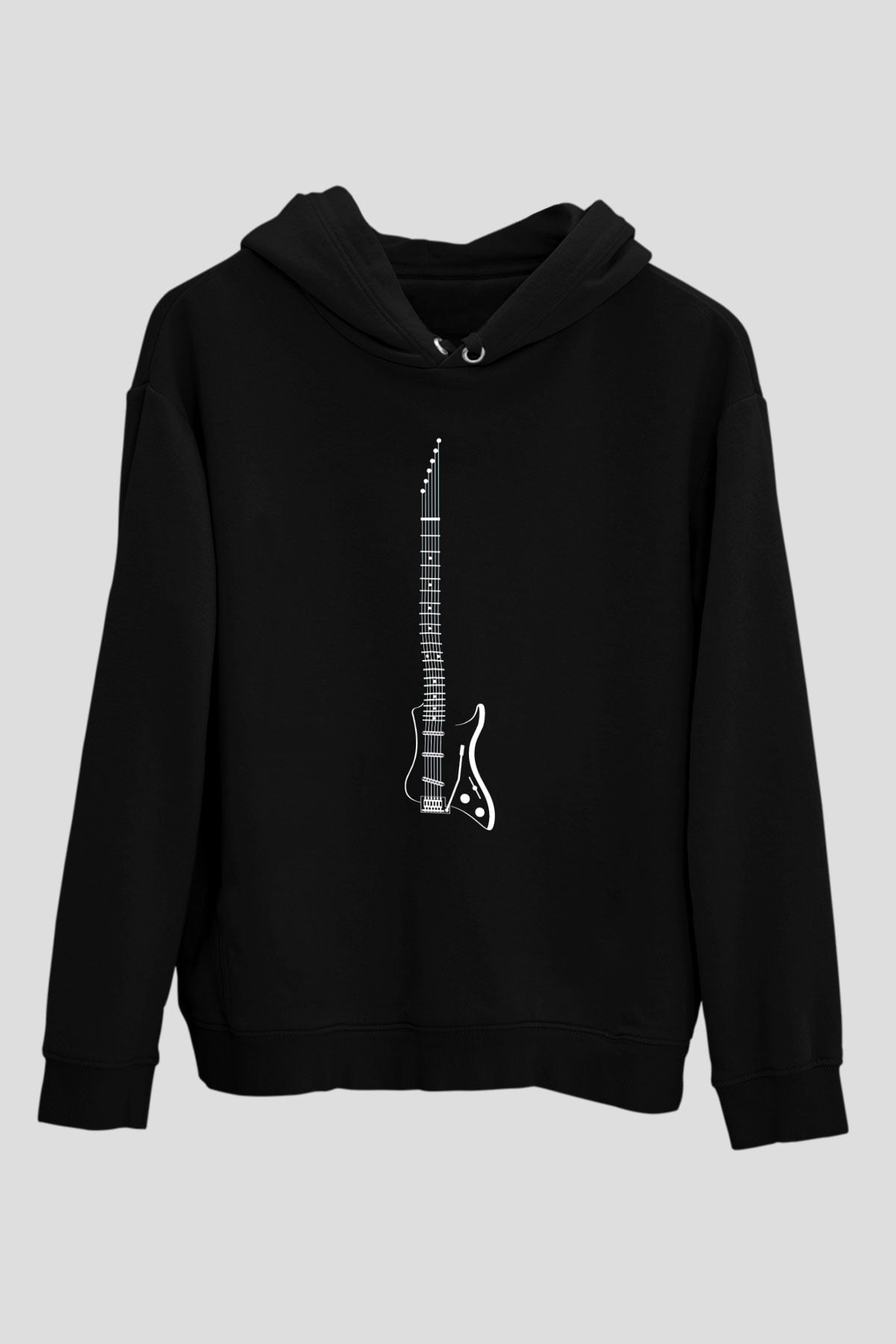Elektro Gitar Baskılı Unisex Siyah Hoodie