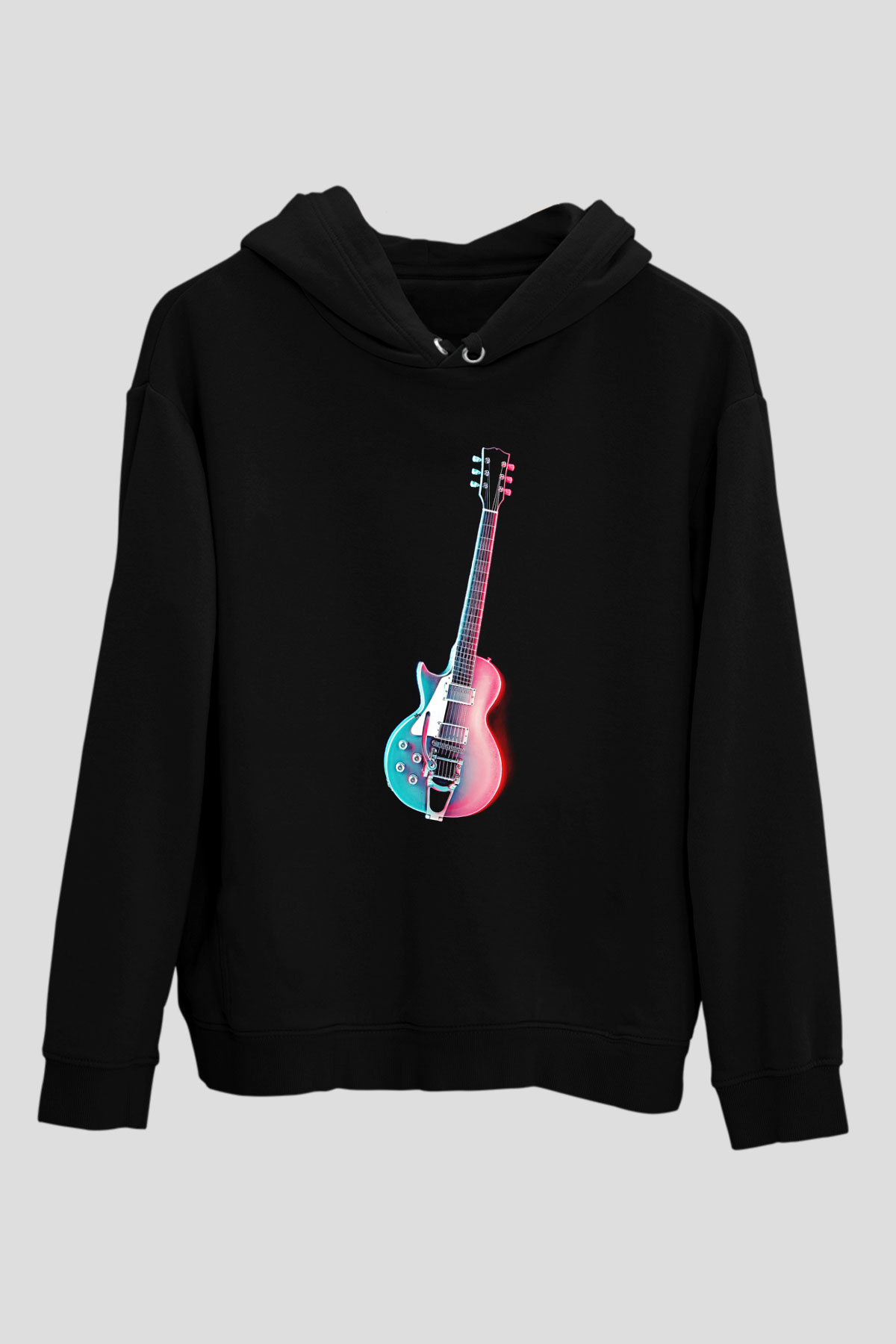 Elektro Gitar Baskılı Unisex Siyah Hoodie