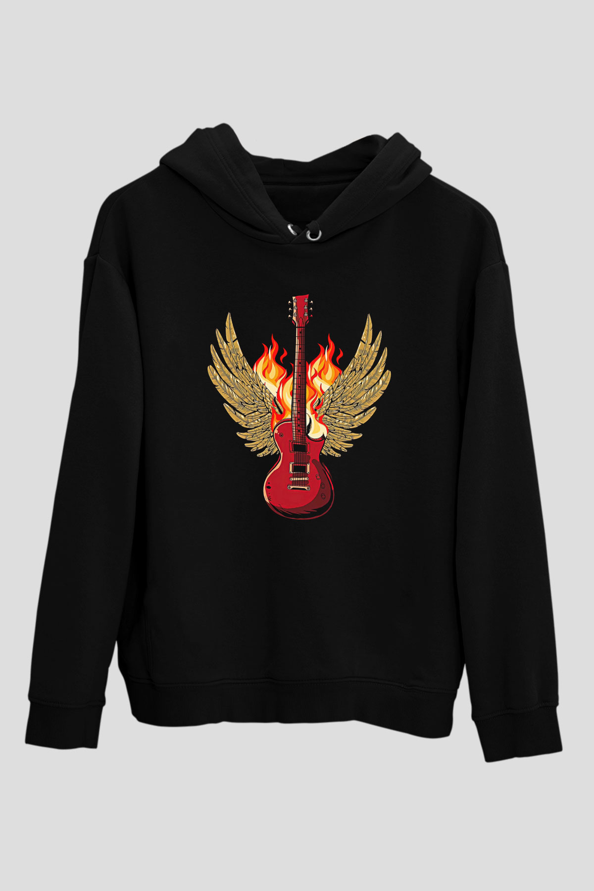 Elektro Gitar Baskılı Unisex Siyah Hoodie
