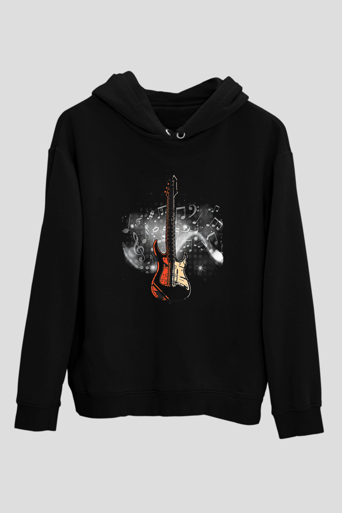 Elektro Gitar Baskılı Unisex Siyah Hoodie