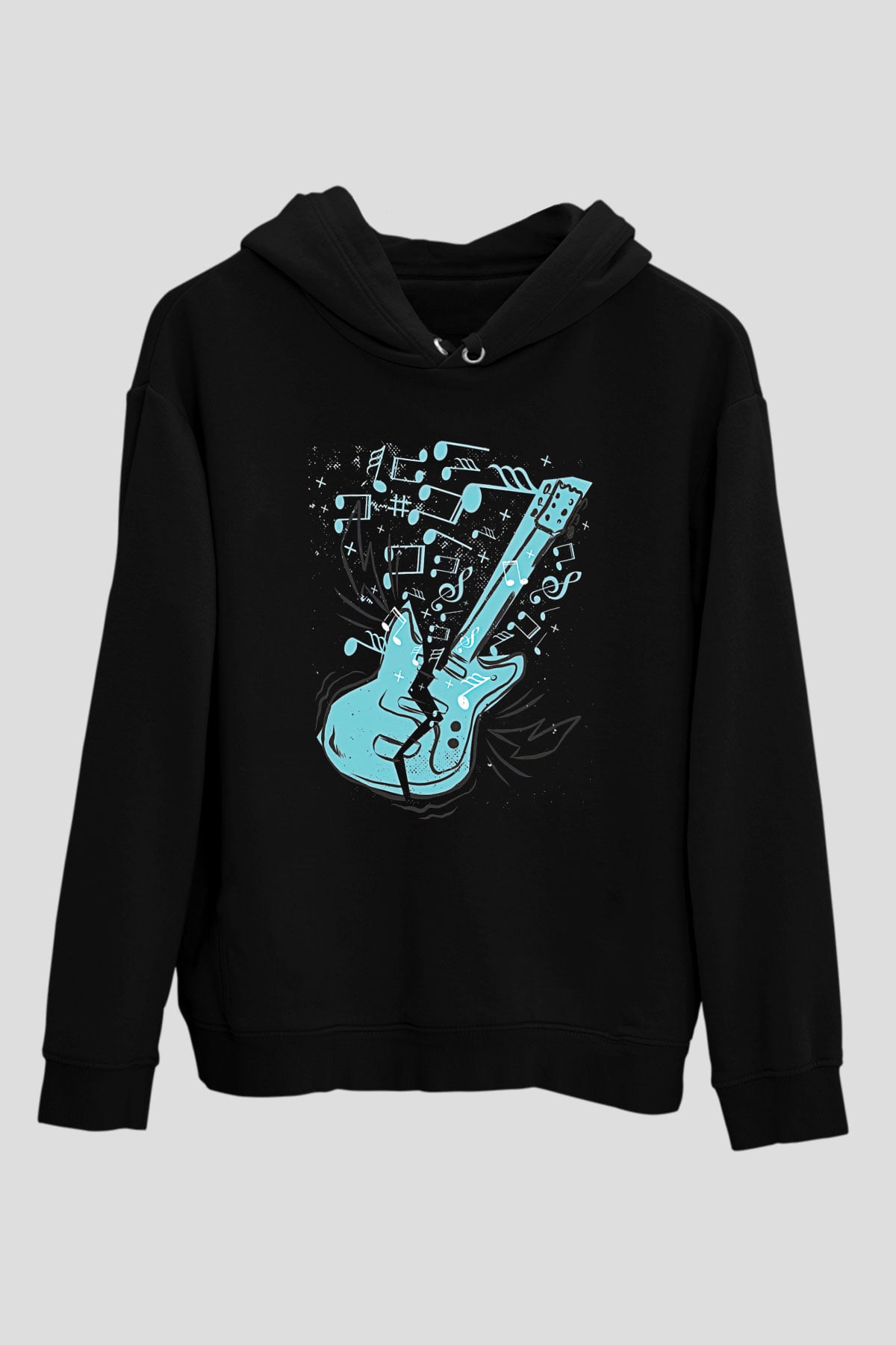 Elektro Gitar Baskılı Unisex Siyah Hoodie