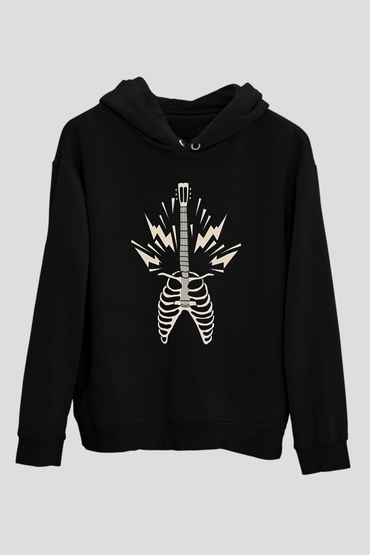 Elektro Gitar Baskılı Unisex Siyah Hoodie