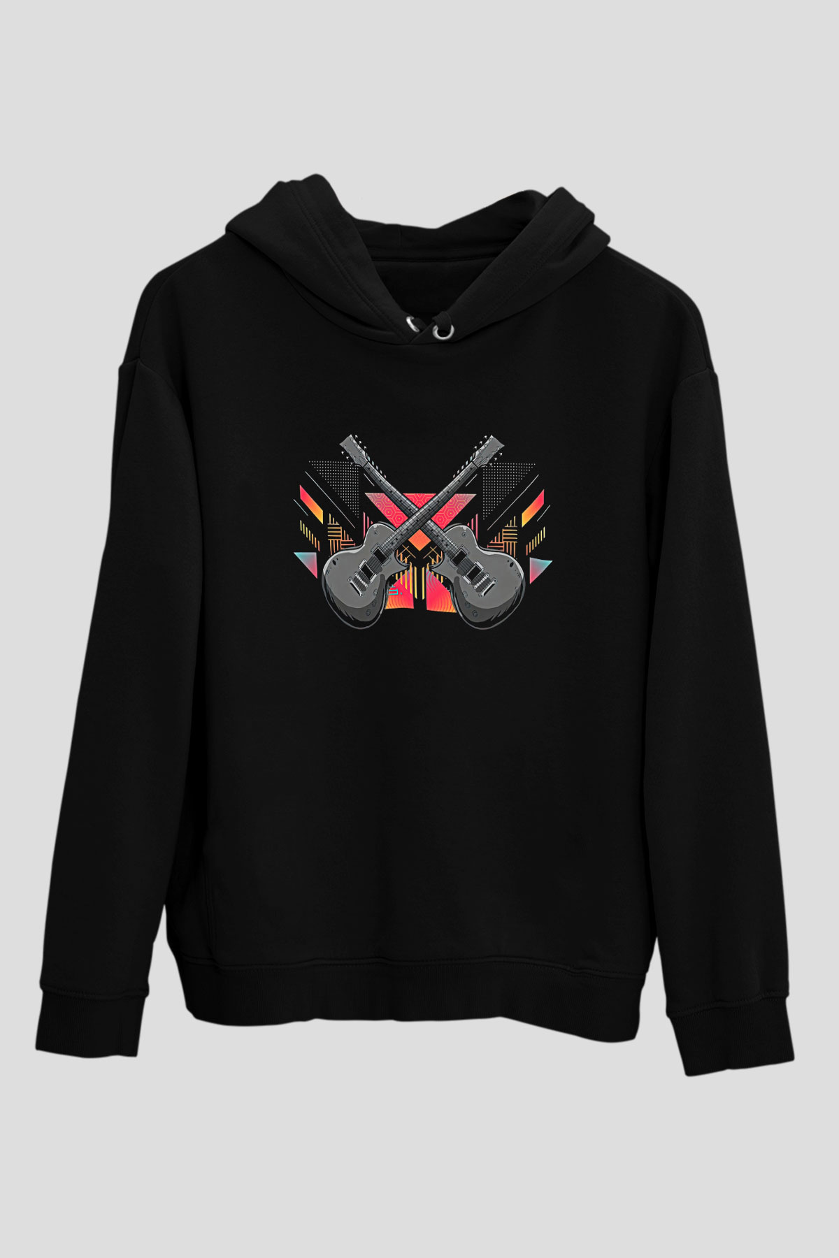 Elektro Gitar Baskılı Unisex Siyah Hoodie