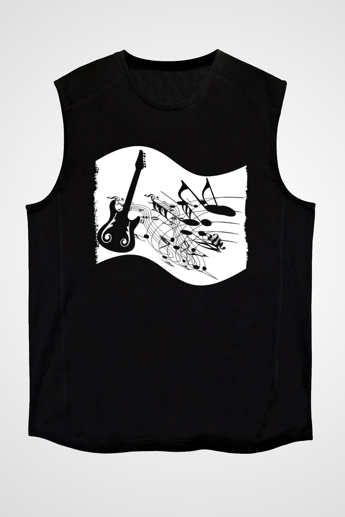 Elektro Gitar Baskılı Unisex Siyah Kolsuz Tişört - Tshirt