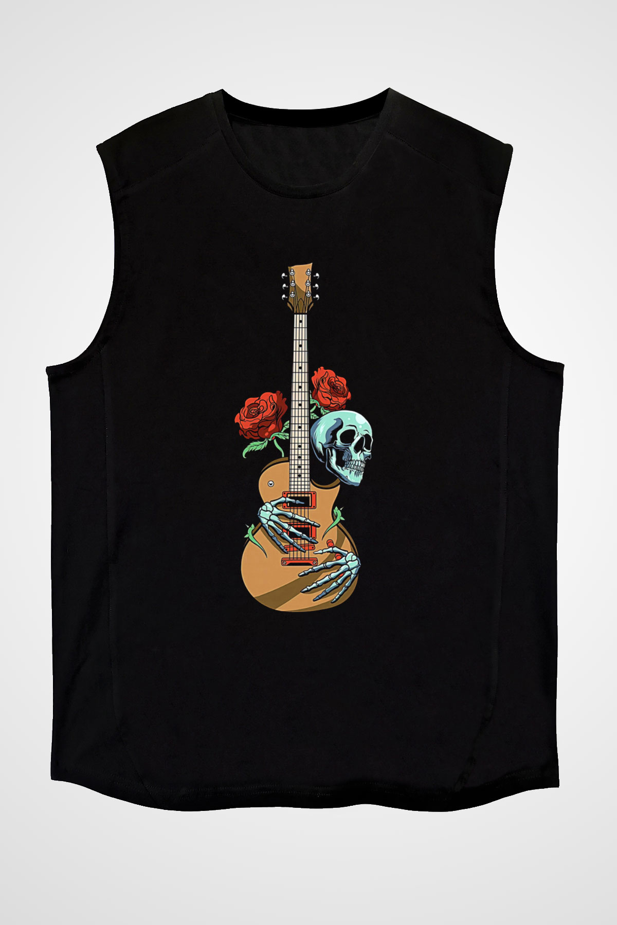 Elektro Gitar Baskılı Unisex Siyah Kolsuz Tişört - Tshirt