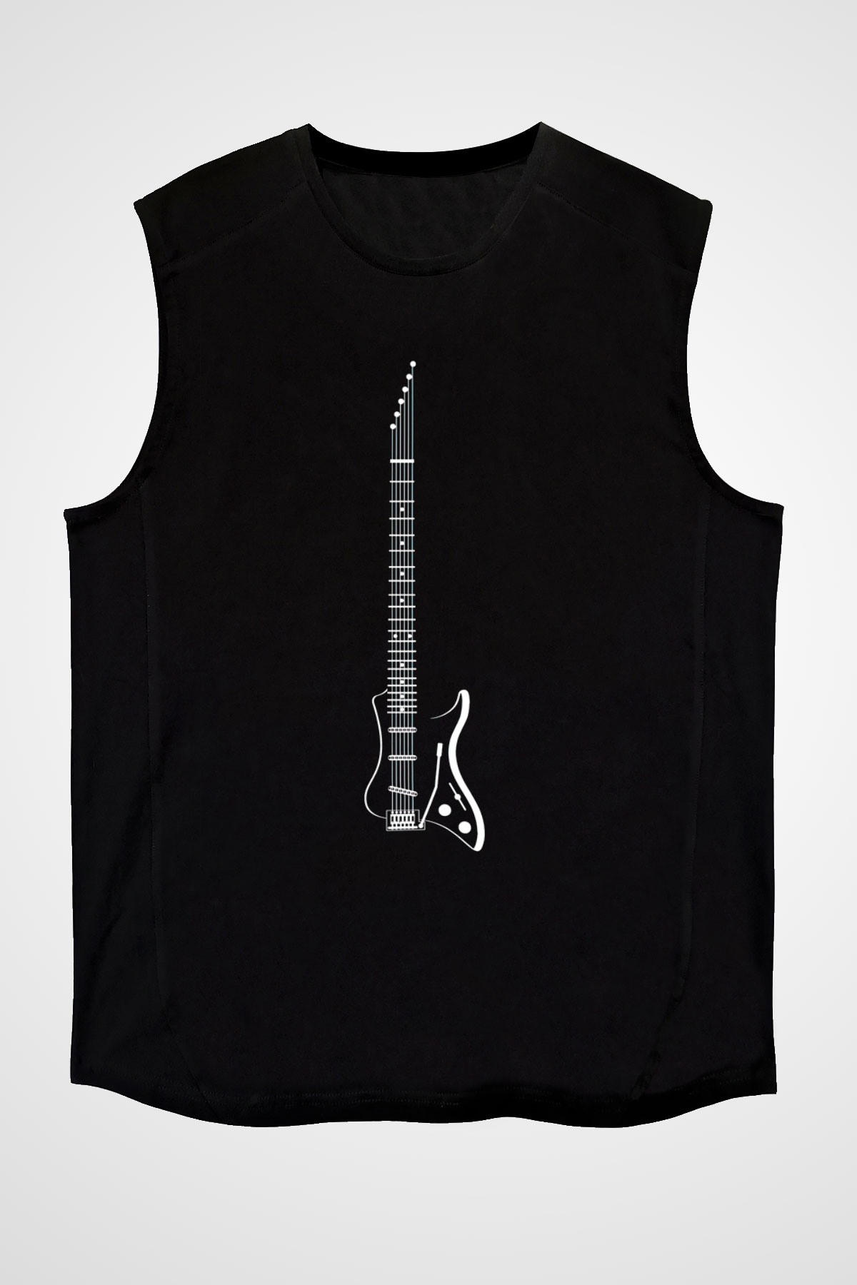 Elektro Gitar Baskılı Unisex Siyah Kolsuz Tişört - Tshirt