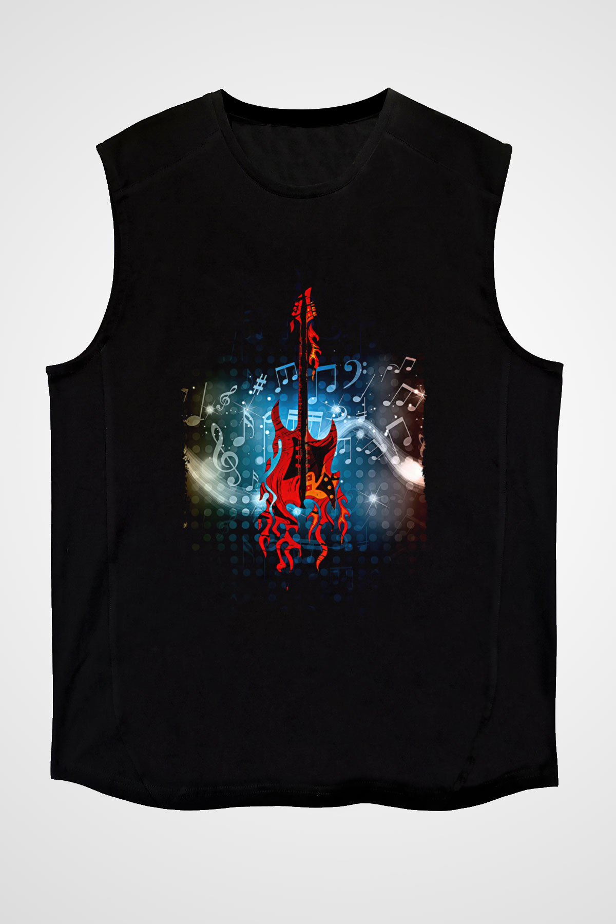 Elektro Gitar Baskılı Unisex Siyah Kolsuz Tişört - Tshirt