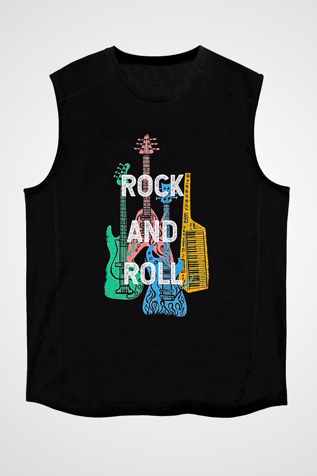 Elektro Gitar Baskılı Unisex Siyah Kolsuz Tişört - Tshirt
