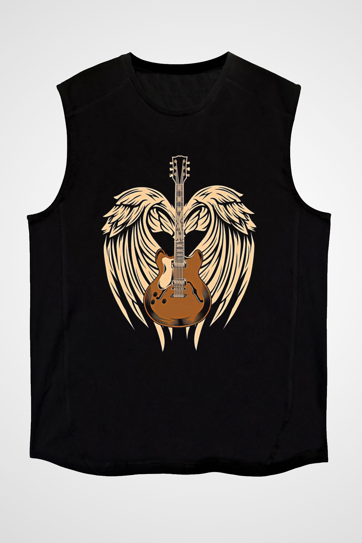 Elektro Gitar Baskılı Unisex Siyah Kolsuz Tişört - Tshirt