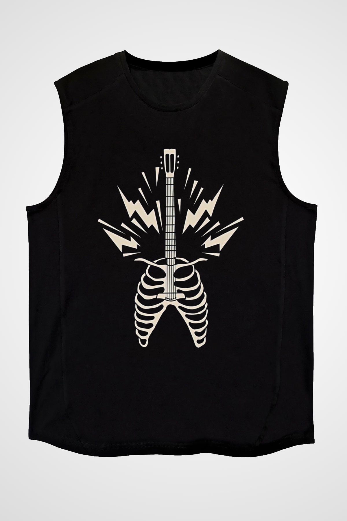 Elektro Gitar Baskılı Unisex Siyah Kolsuz Tişört - Tshirt