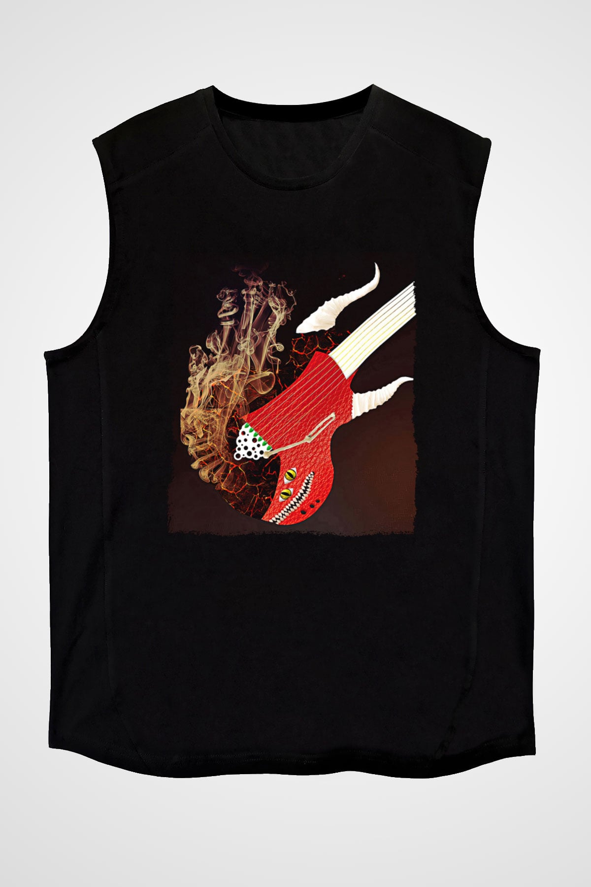 Elektro Gitar Baskılı Unisex Siyah Kolsuz Tişört - Tshirt