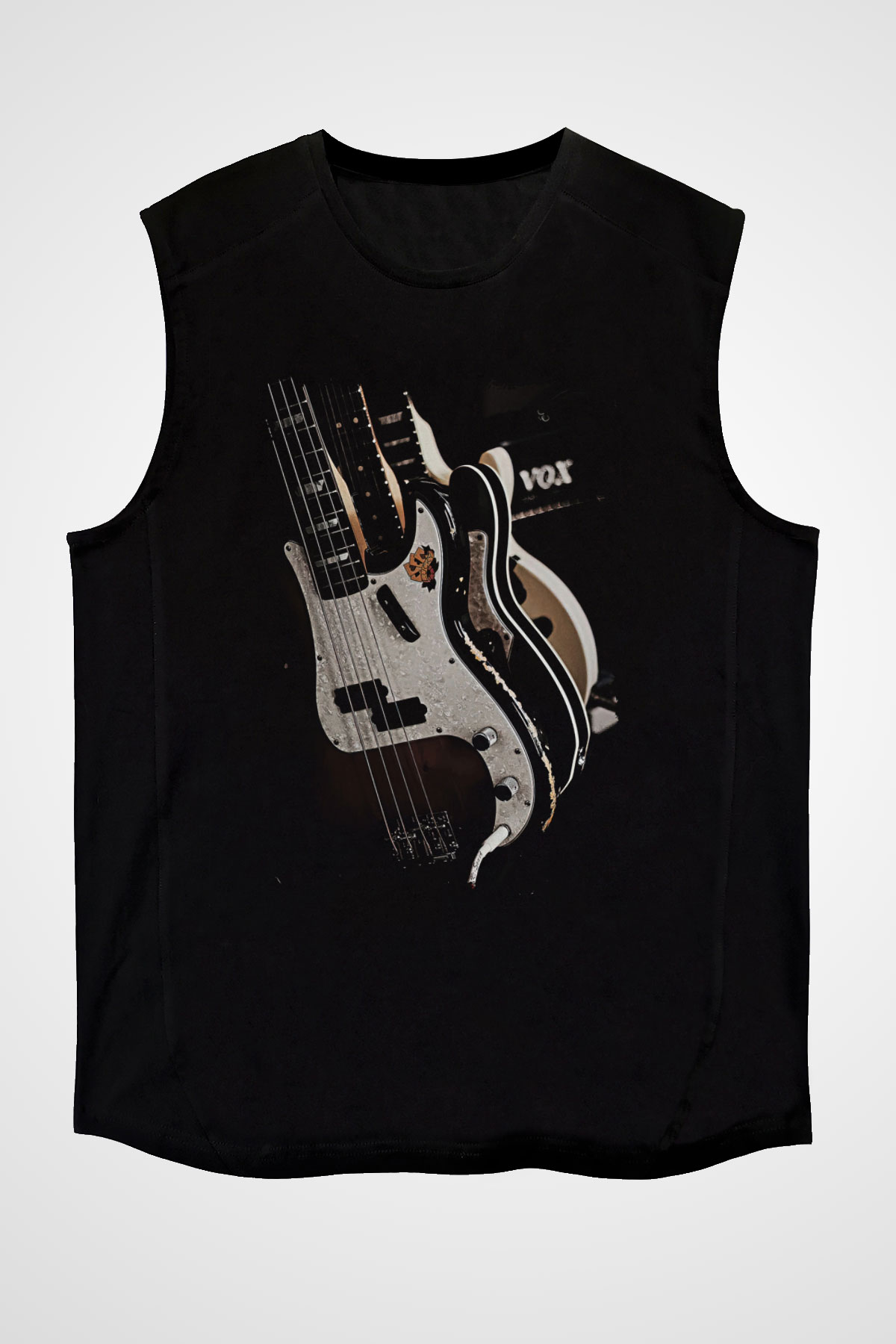 Elektro Gitar Baskılı Unisex Siyah Kolsuz Tişört - Tshirt