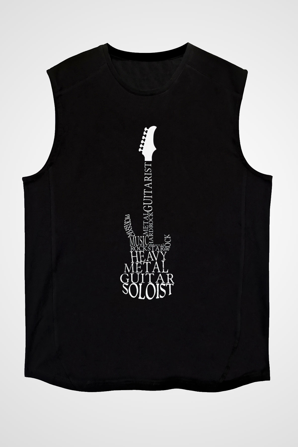 Elektro Gitar Baskılı Unisex Siyah Kolsuz Tişört - Tshirt
