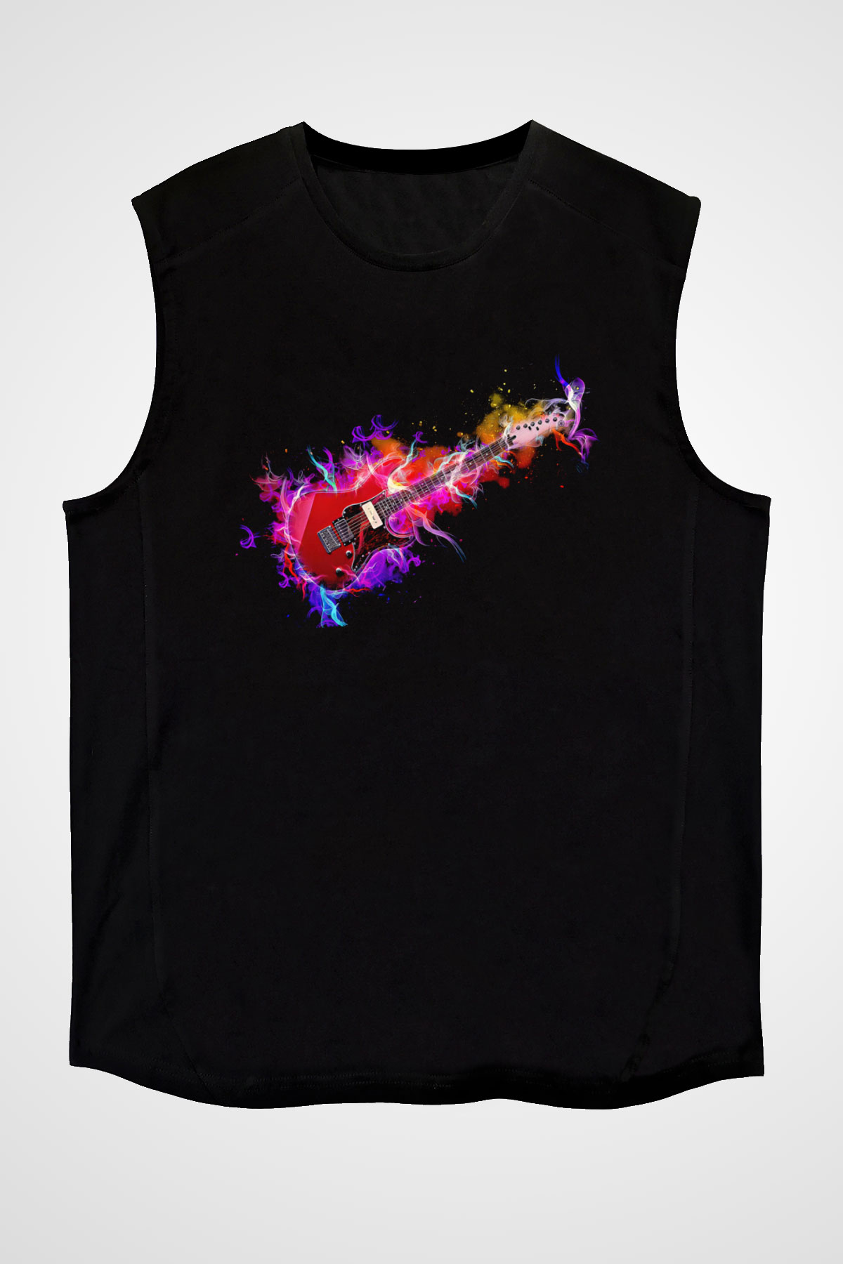 Elektro Gitar Baskılı Unisex Siyah Kolsuz Tişört - Tshirt