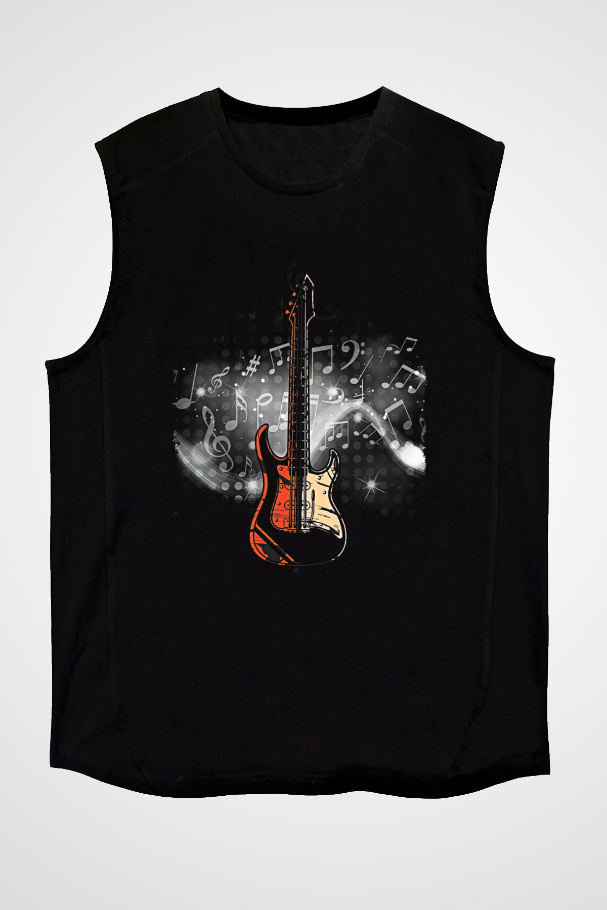 Elektro Gitar Baskılı Unisex Siyah Kolsuz Tişört - Tshirt