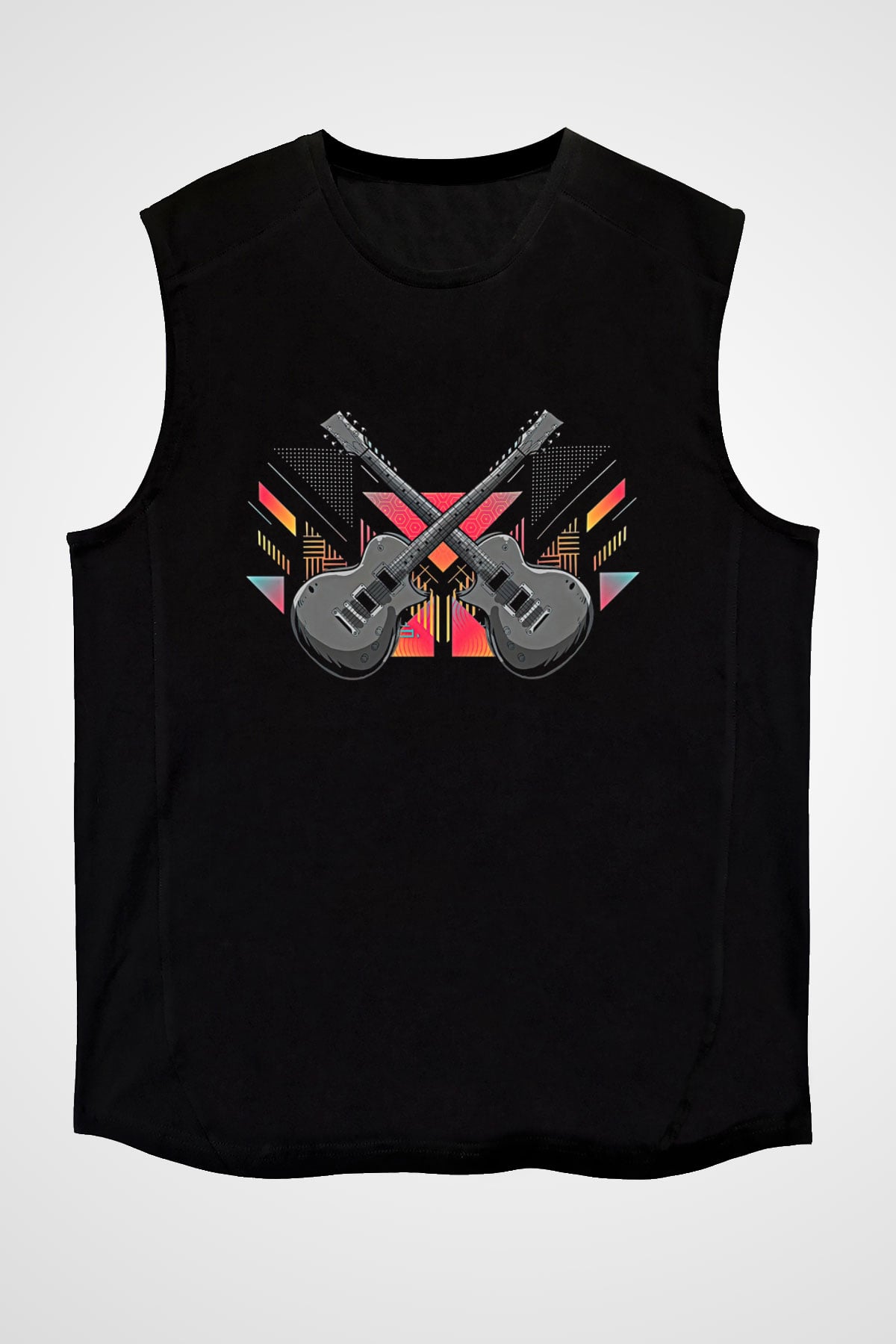 Elektro Gitar Baskılı Unisex Siyah Kolsuz Tişört - Tshirt