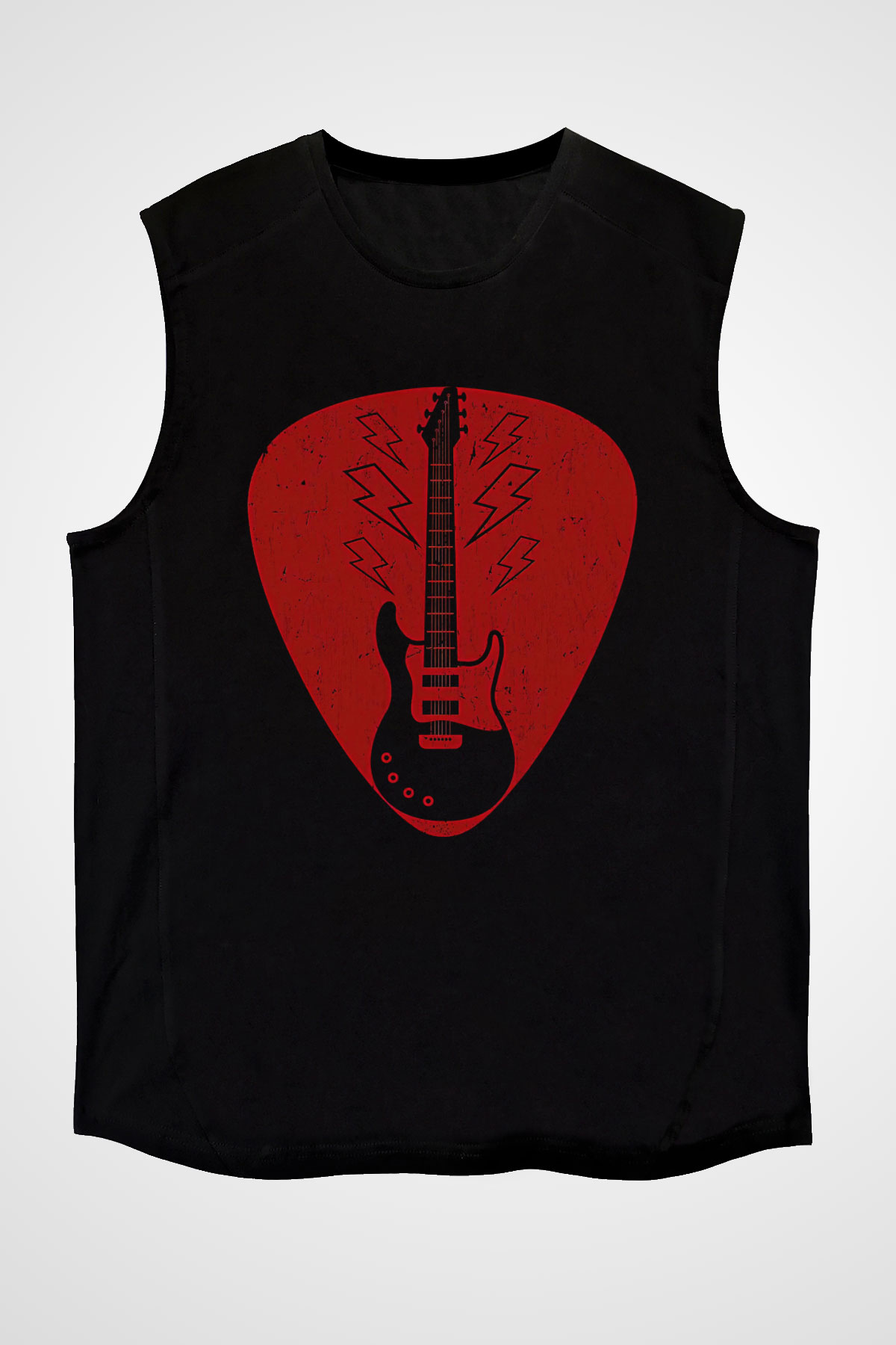 Elektro Gitar Baskılı Unisex Siyah Kolsuz Tişört - Tshirt
