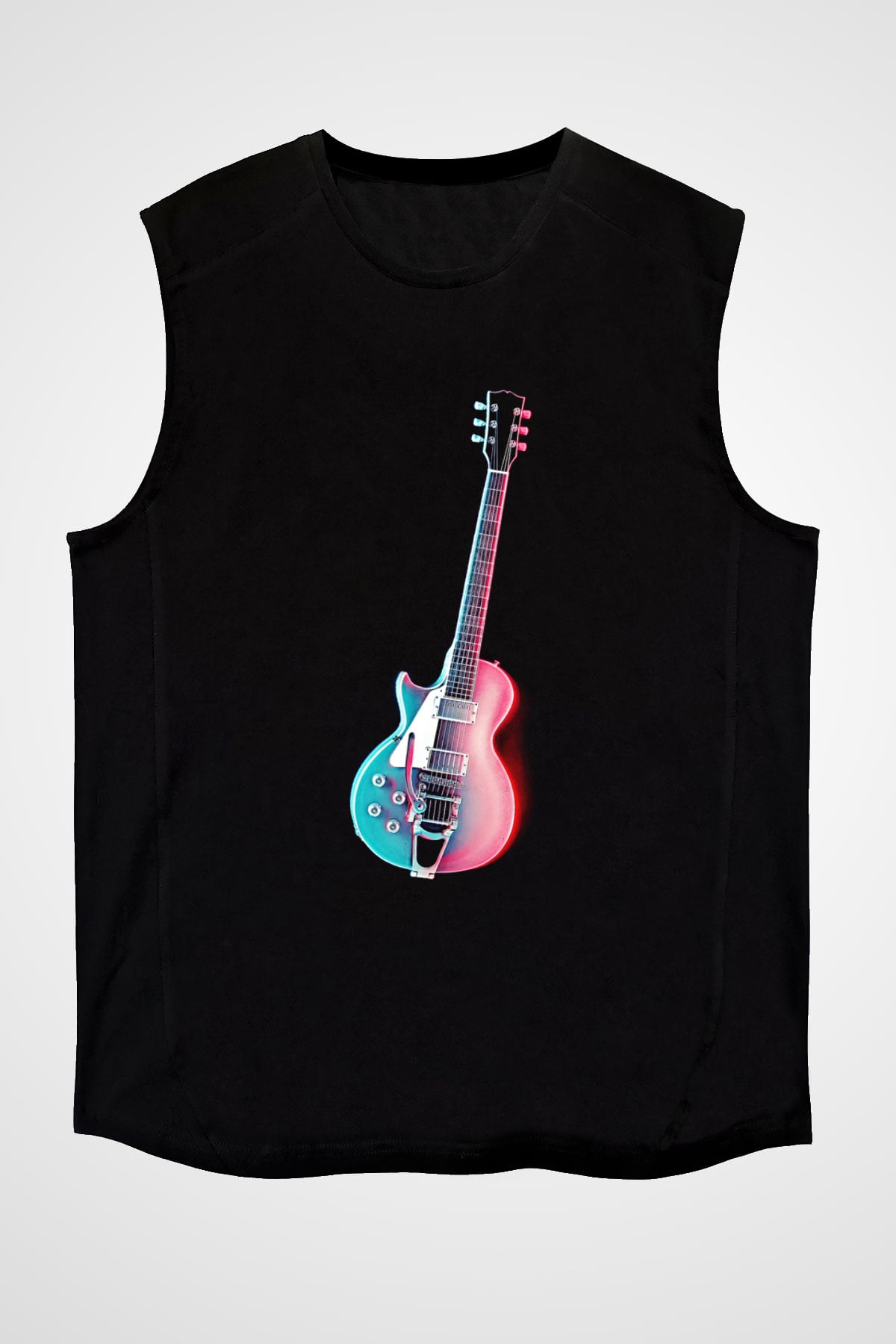 Elektro Gitar Baskılı Unisex Siyah Kolsuz Tişört - Tshirt