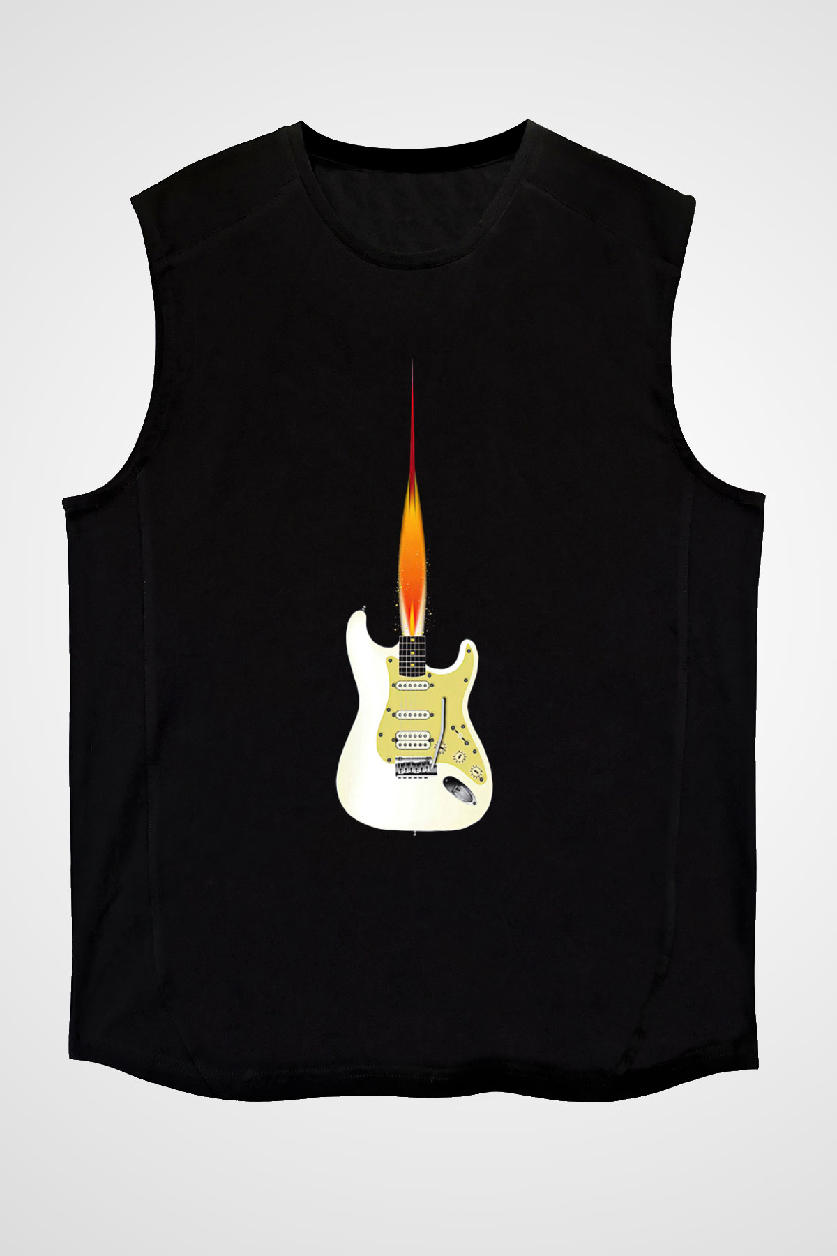 Elektro Gitar Baskılı Unisex Siyah Kolsuz Tişört - Tshirt