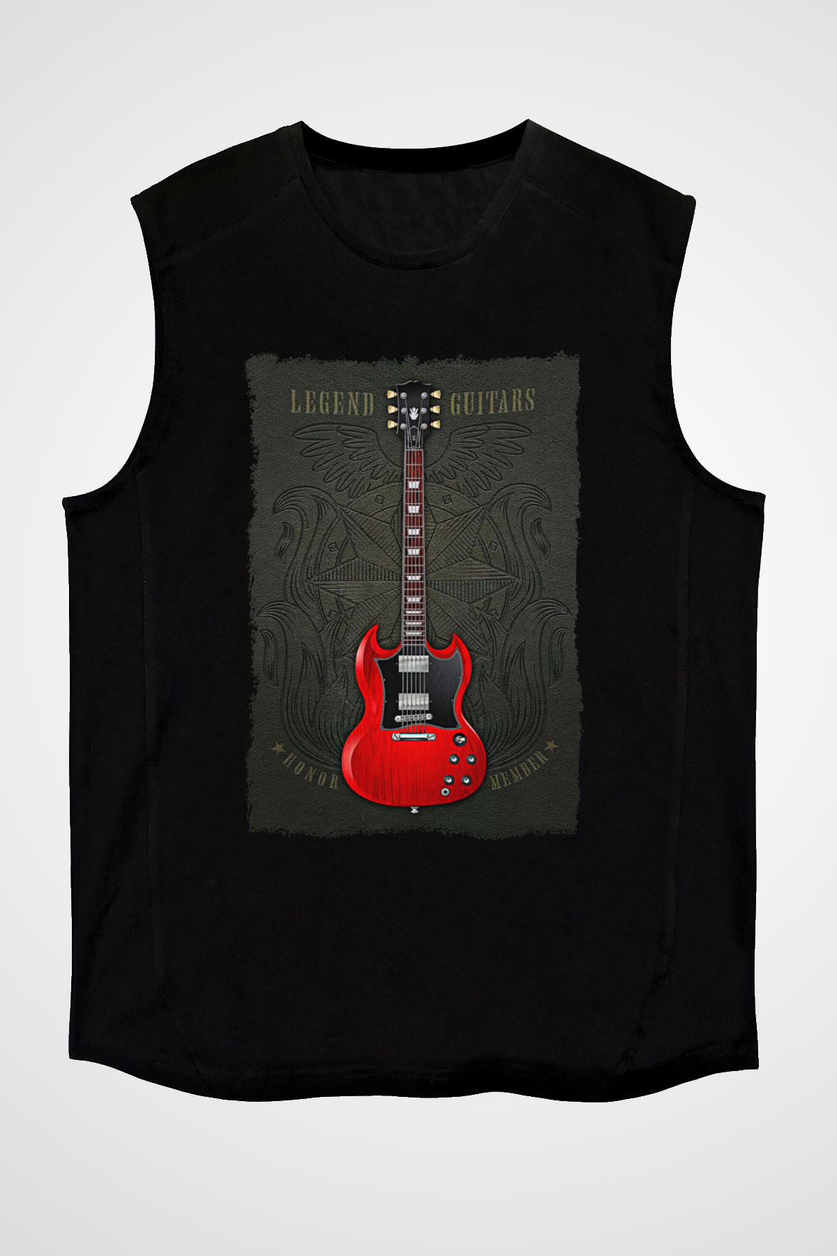 Elektro Gitar Baskılı Unisex Siyah Kolsuz Tişört - Tshirt