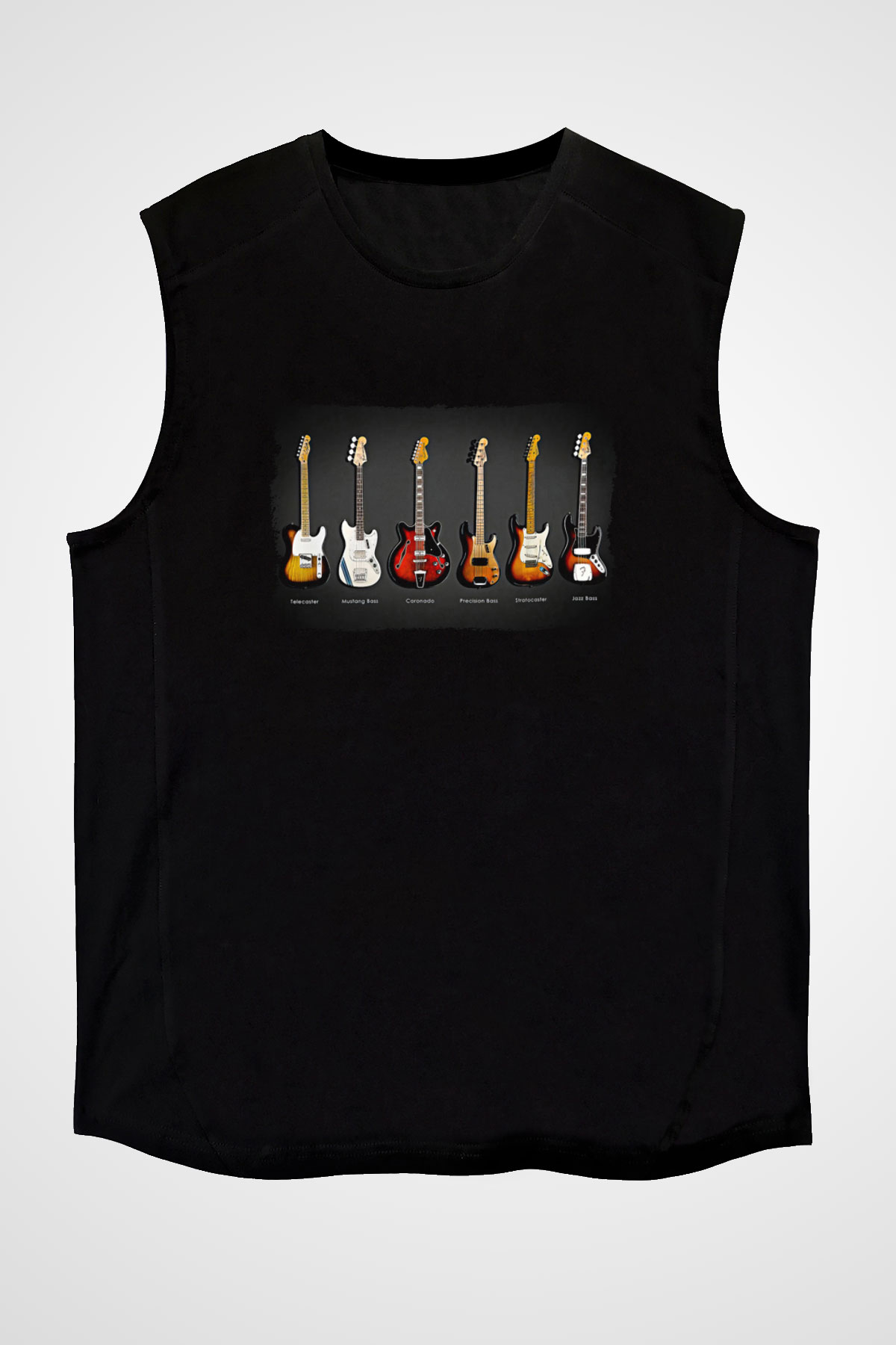 Elektro Gitar Baskılı Unisex Siyah Kolsuz Tişört - Tshirt