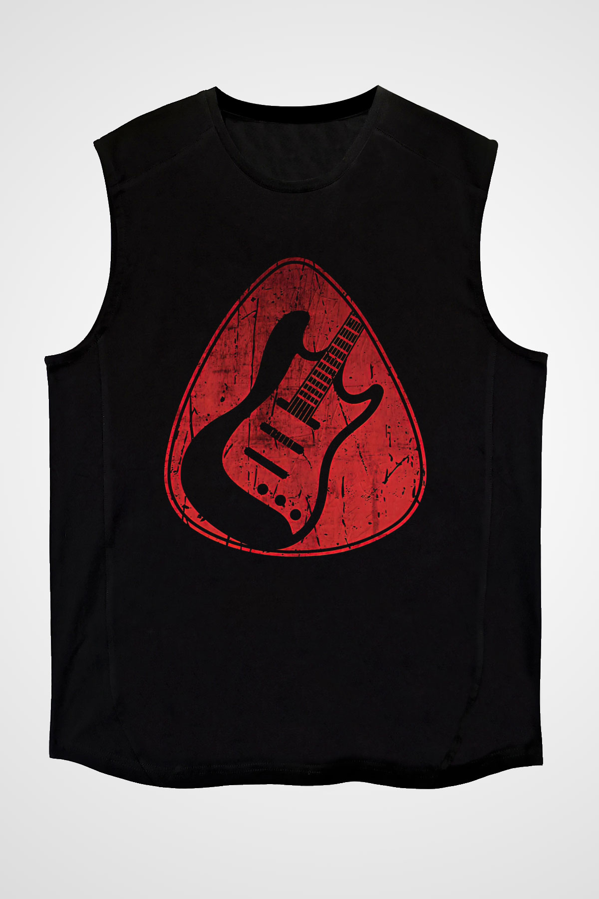 Elektro Gitar Baskılı Unisex Siyah Kolsuz Tişört - Tshirt