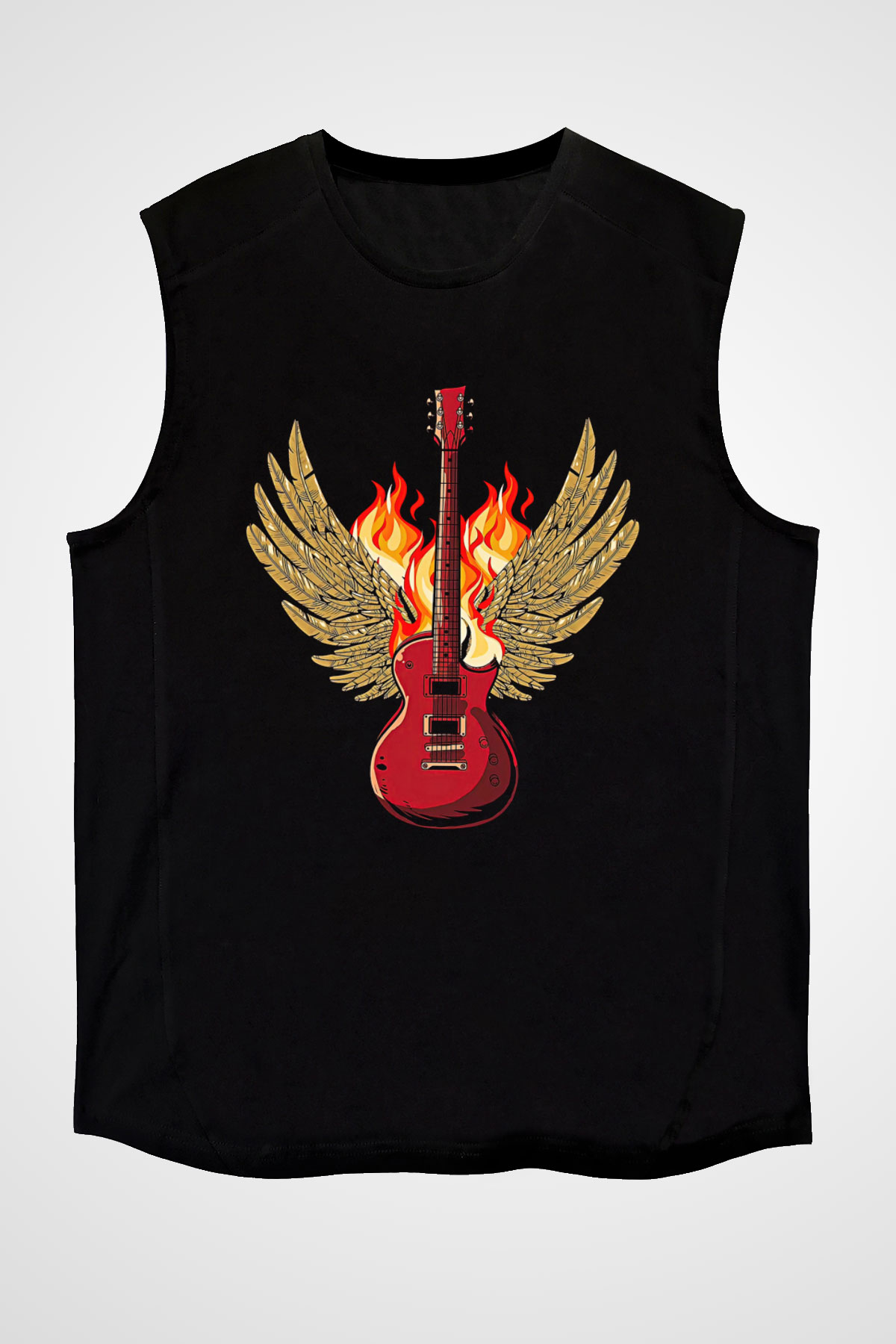 Elektro Gitar Baskılı Unisex Siyah Kolsuz Tişört - Tshirt
