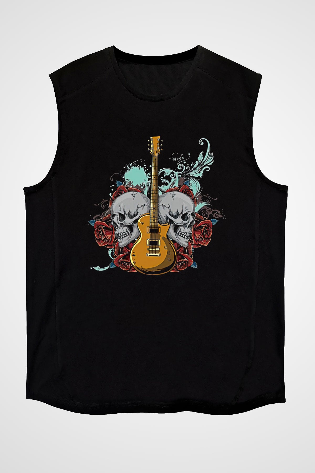 Elektro Gitar Baskılı Unisex Siyah Kolsuz Tişört - Tshirt